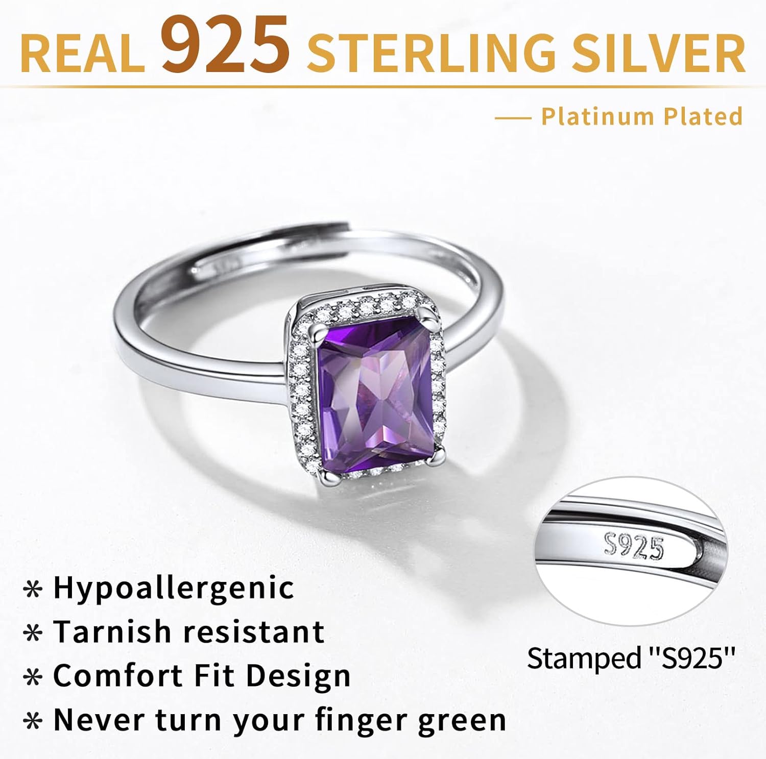 Sterling Silver Square Emerald Cut Birthstone Promise Ring