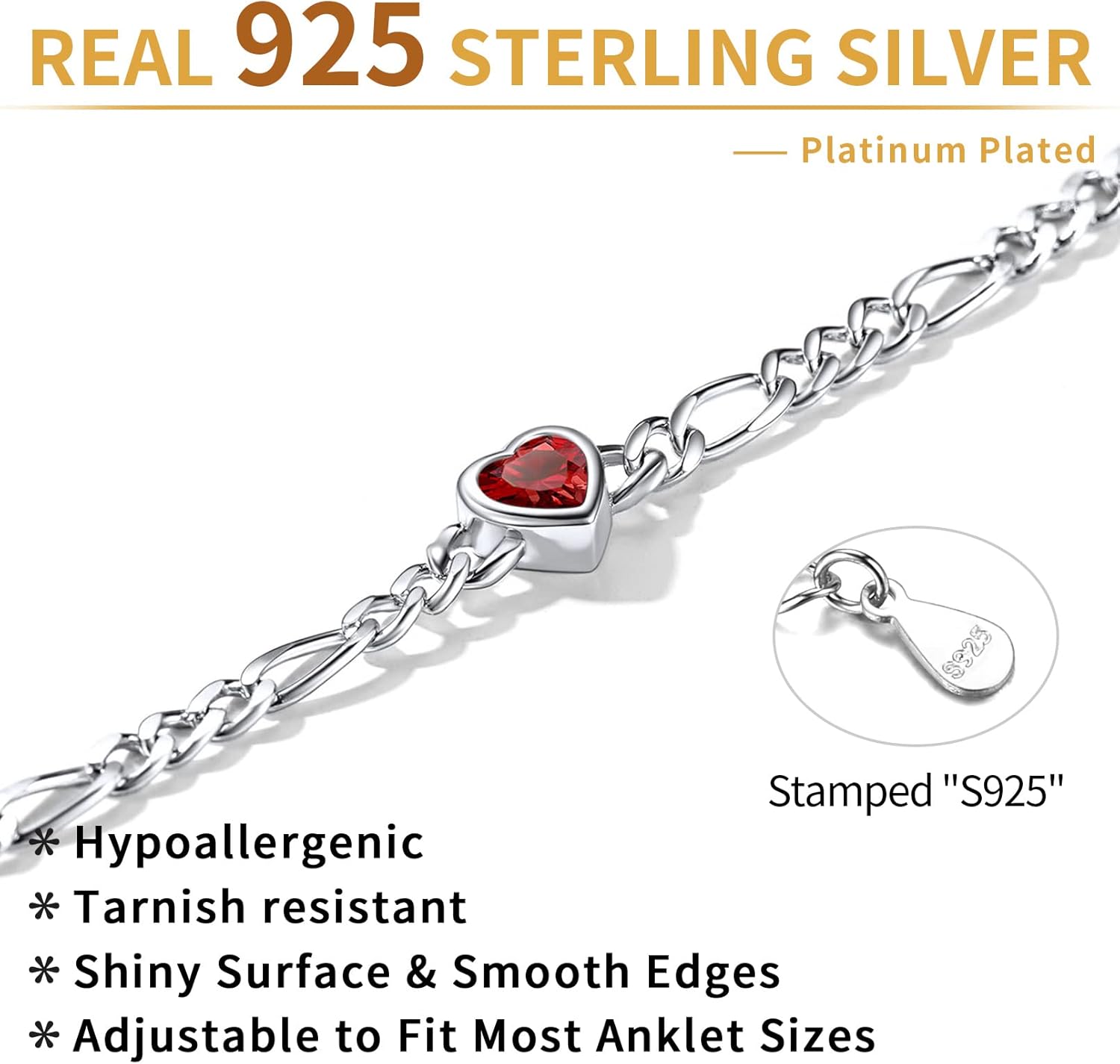 Sterling Silver Dainty Heart Birthstone Hypoallergenic Figaro Link Summer Anklets