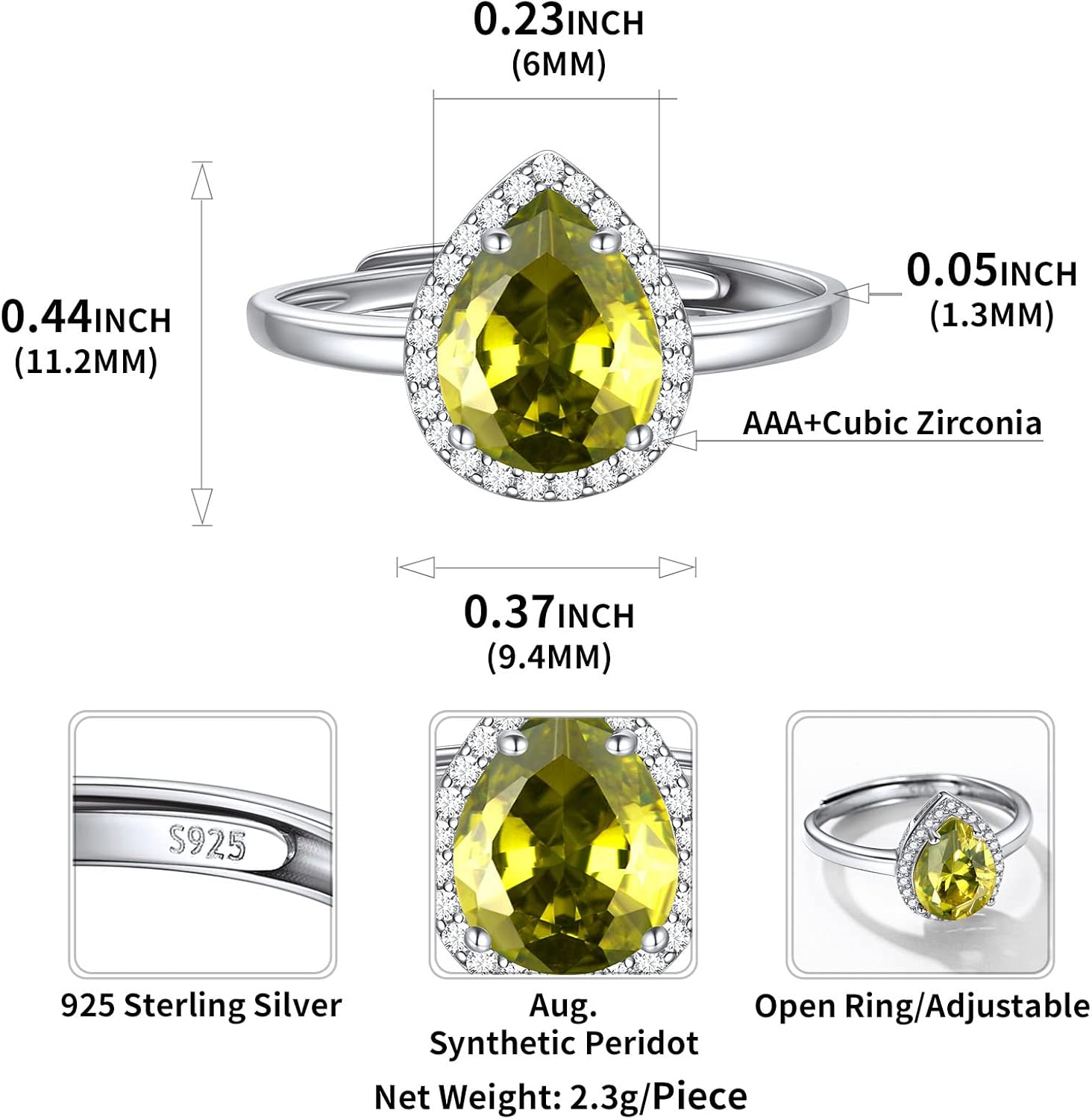 Pear Cut Teardrop Birthstone Promise Ring Details: Dimensions, Hypoallergenic, Adjustable size for 6~11