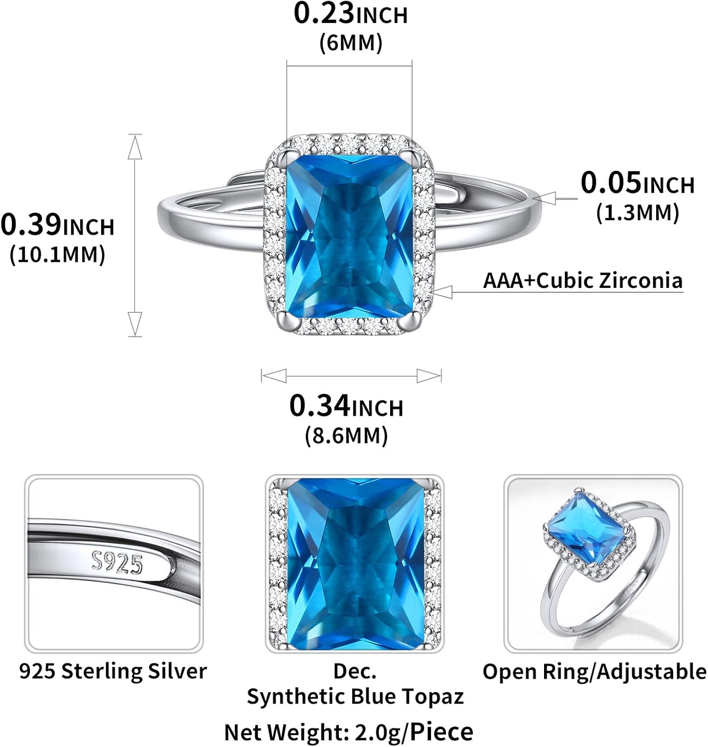 Square Emerald Cut Birthstone Promise Ring Details: Dimensions, Hypoallergenic, Push Back Finding