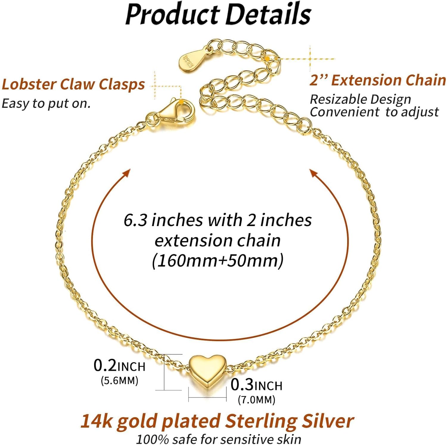 Classic Gold Heart Link Chain Bracelet  for Women, sterling silver jewlery, gift idea, sterling silver bracelets