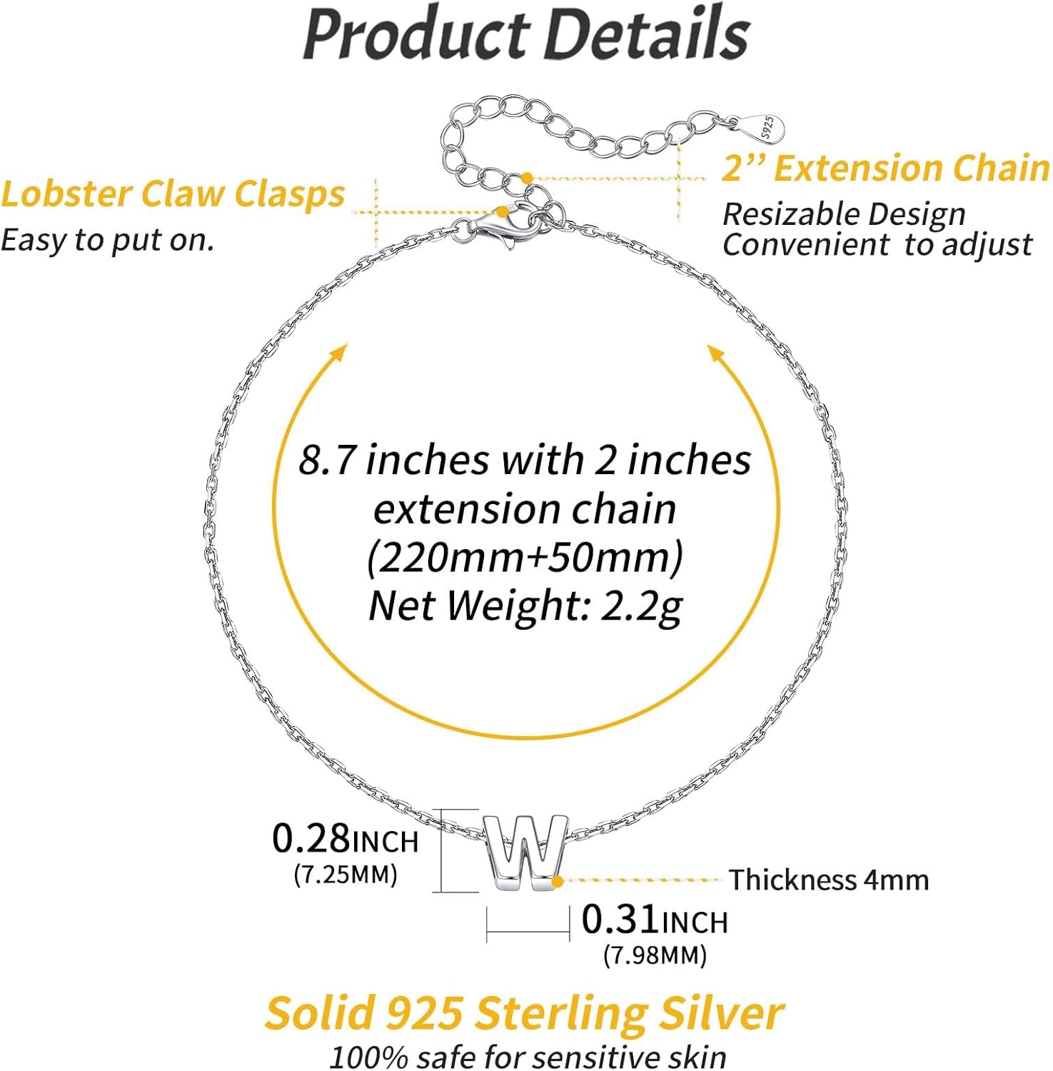 W-Initial Letter Minimalist Summer Beach Anklet, sterling silver jewlery, initial jewelry, initial Anklet, sterling silver anklet, gift idea