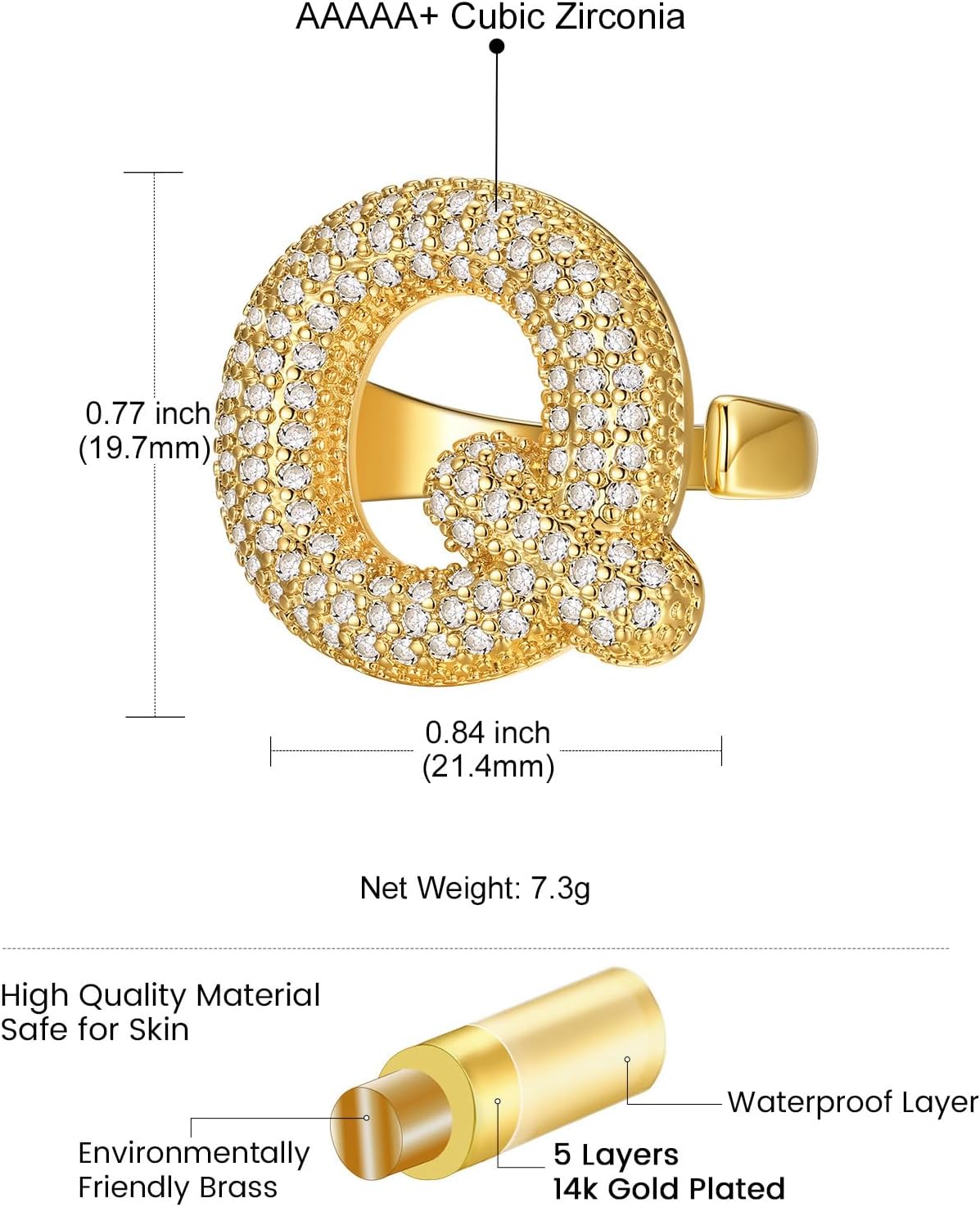 14k Chunky Gold Initial Statement Rings Details: Dimensions, Hypoallergenic, Adjustable size for 6~11