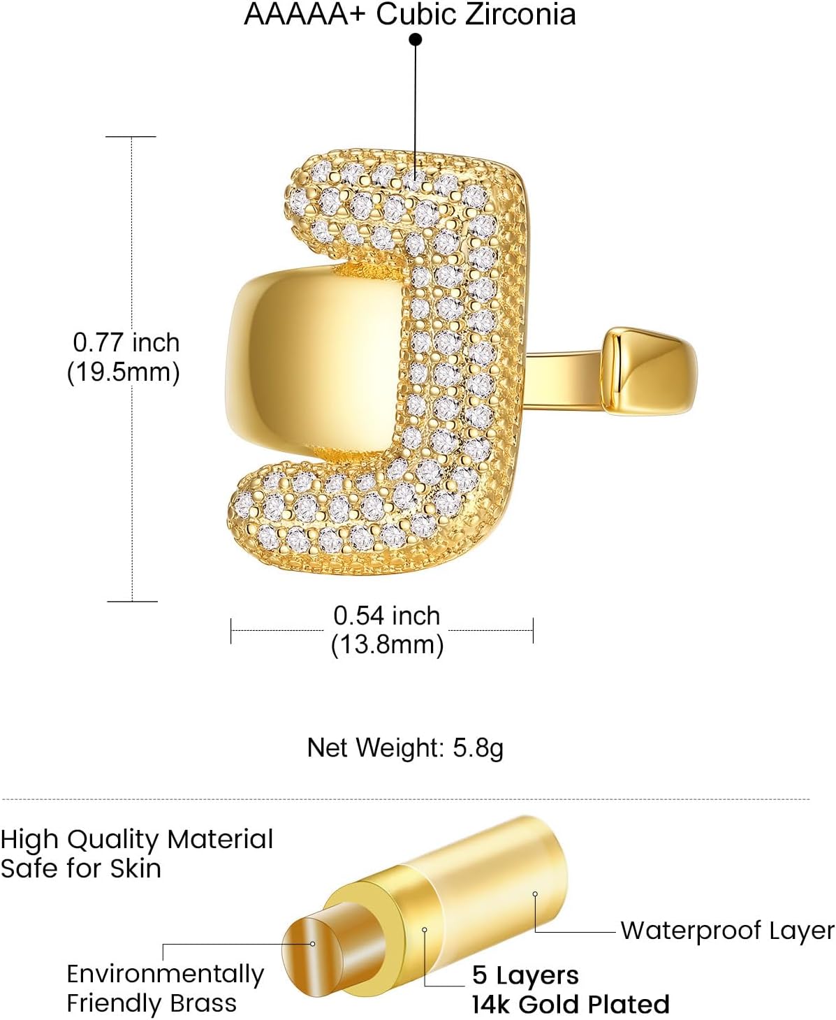 14k Chunky Gold Initial Statement Rings Details: Dimensions, Hypoallergenic, Adjustable size for 6~11