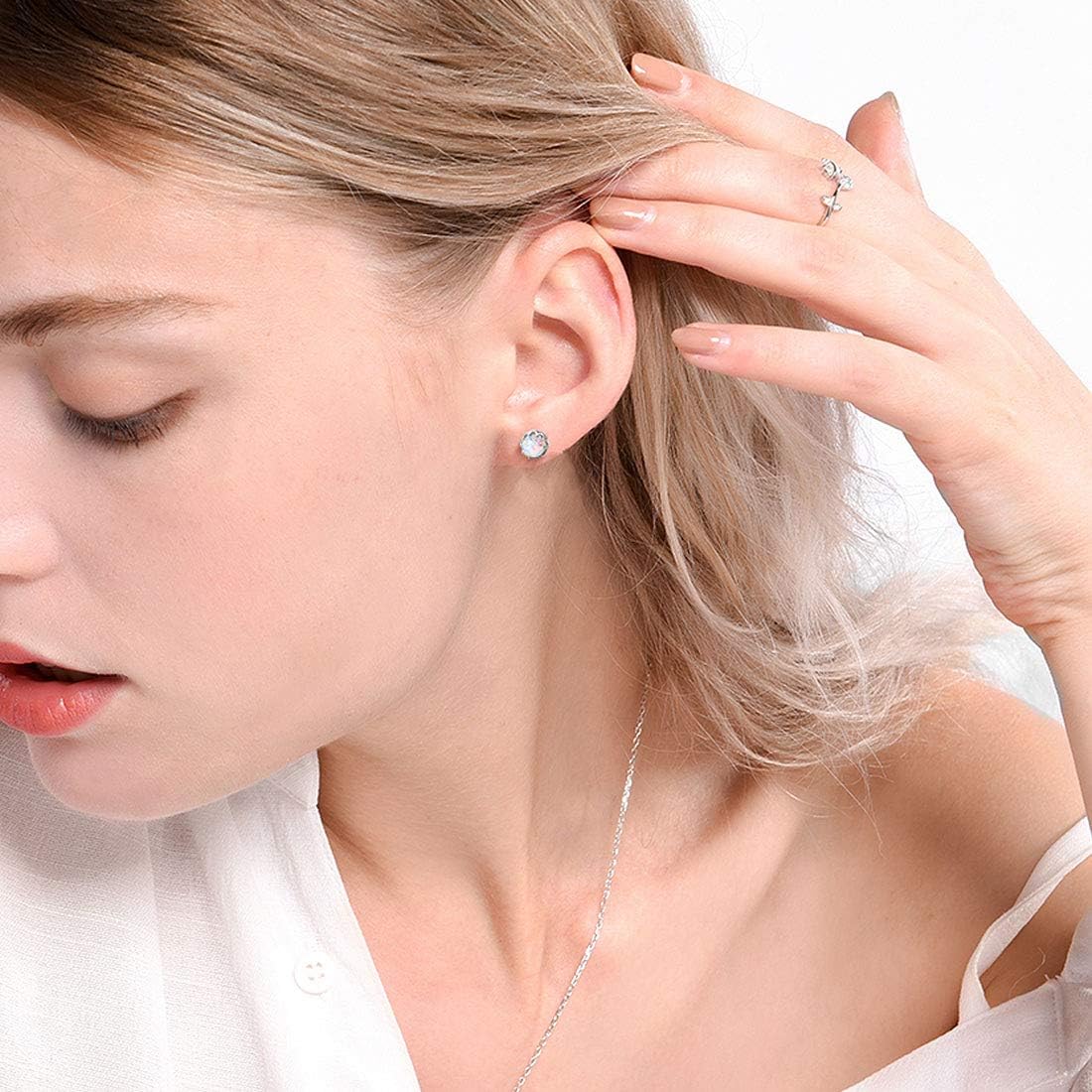 Hypoallergenic Created Round Cut Opal Stud Earrings for women, opal birthstone, opal jewelry, sterling silver jewelry, october birthstone