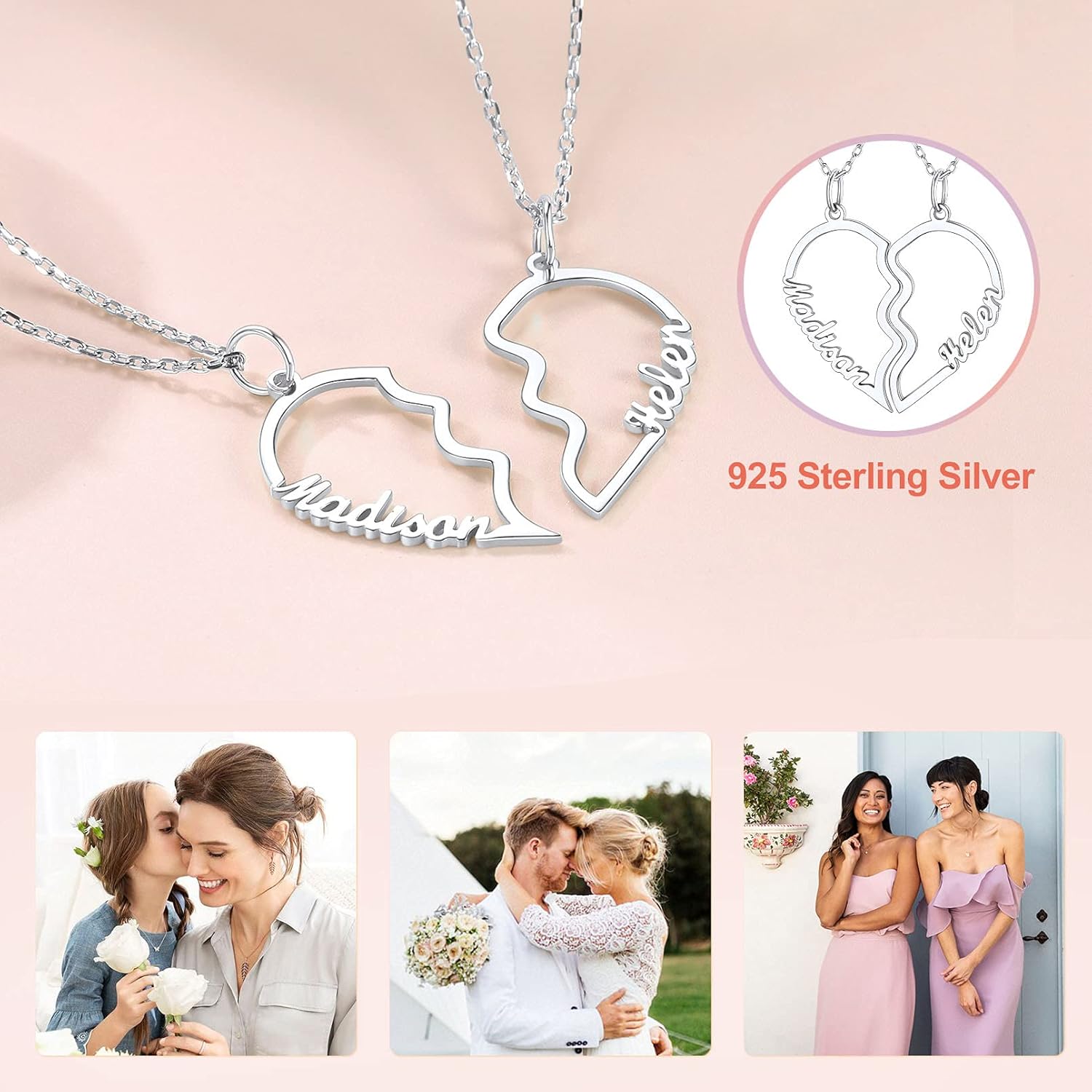 Sterling Silver Personalized Split Heart Matching Friendship Couple Necklaces 