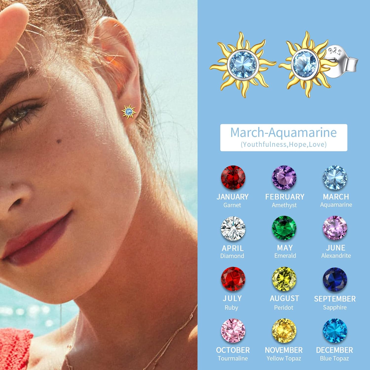 Hypoallergenic Sun Birthstone Earrings for Women, march birthstone, Aquamarine Earrings, Pisces Birthstone, Aries Birthstone, sterling silver jewelry, gift idea