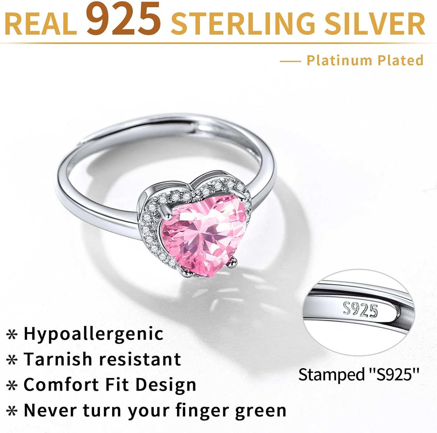 Sterling Silver Heart Emerald Cut Birthstone Promise Ring