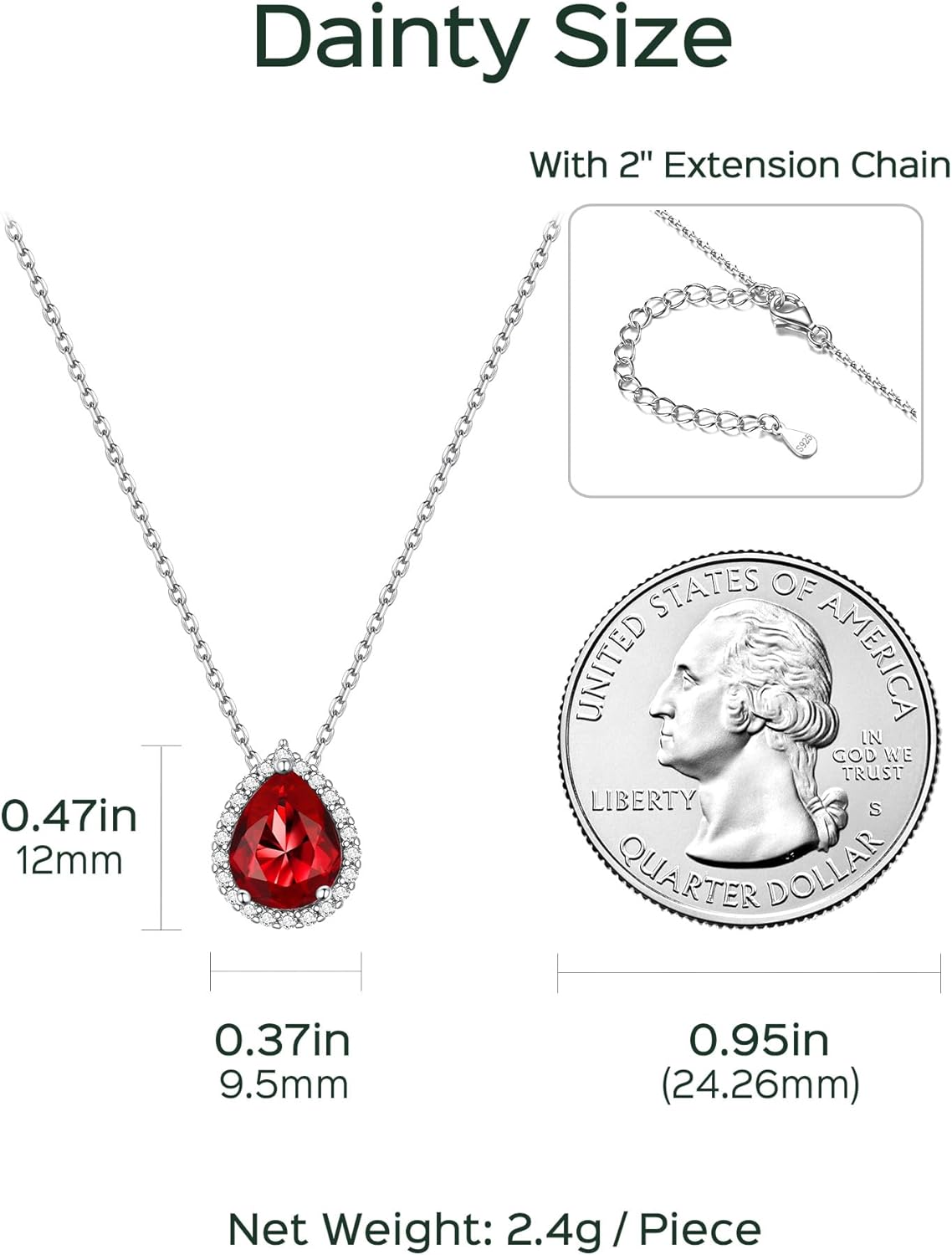 Pear Cut Teardrop Birthstone Diamond Necklace Details: Dimensions, Hypoallergenic, Lobster-Claw-Clasps