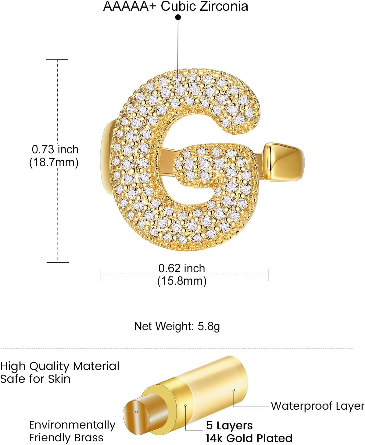 14k Chunky Gold Initial Statement Rings Details: Dimensions, Hypoallergenic, Adjustable size for 6~11