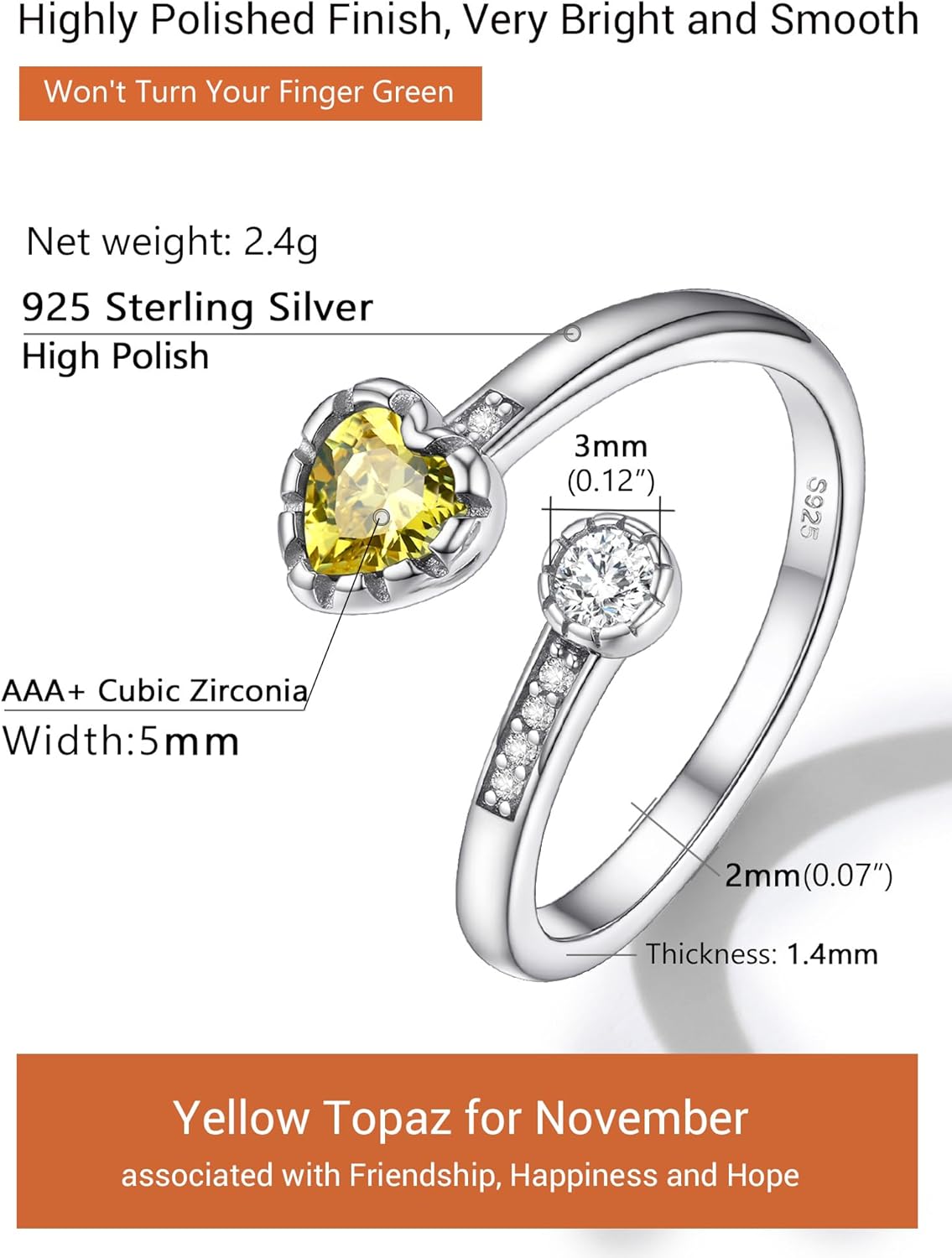 Heart Birthstone and White Cubic Zirconia Adjustable Ring Details: Dimensions, Hypoallergenic, Adjustable size for 6~11