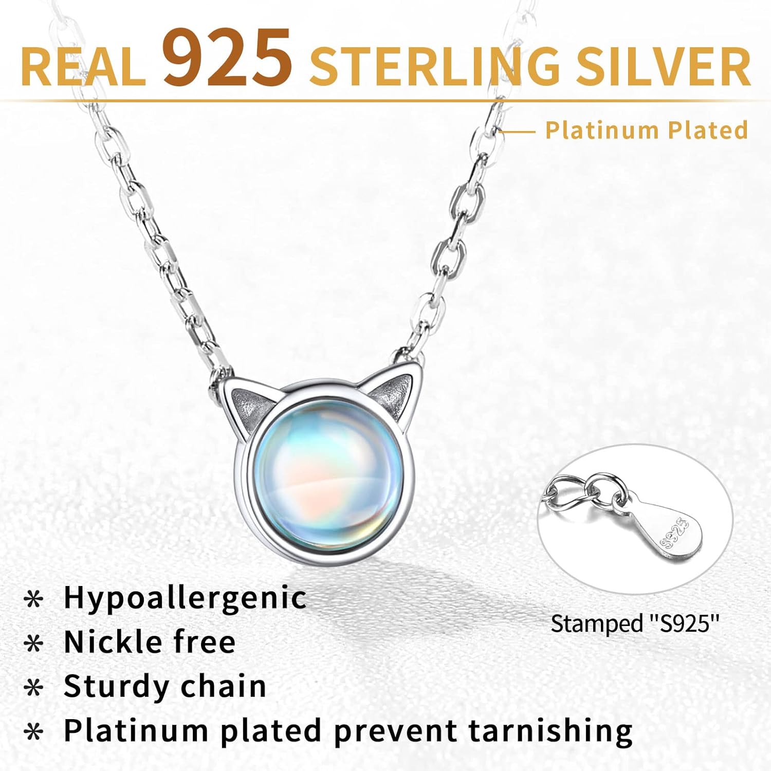 Sterling Silver  Cat Moonstone Birthstone Necklace