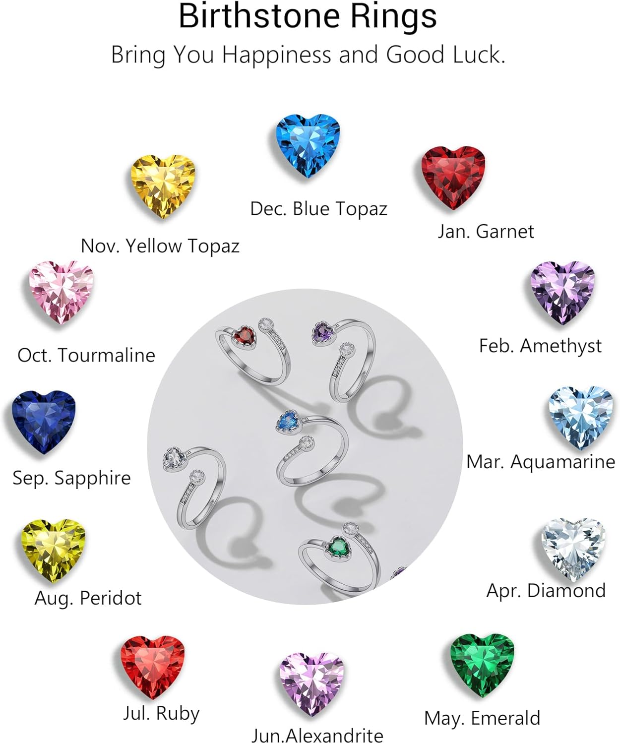 Heart Birthstone and White Cubic Zirconia Adjustable Ring in Different Month Colors