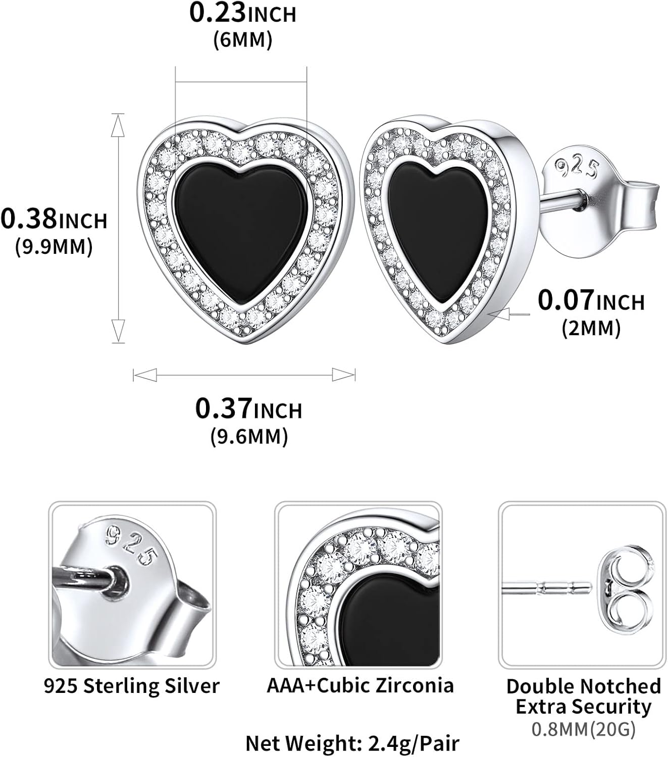 Cubic Zirconia Black Onyx Heart Stud Earrings Details: Dimensions, Hypoallergenic, Push Back Finding.