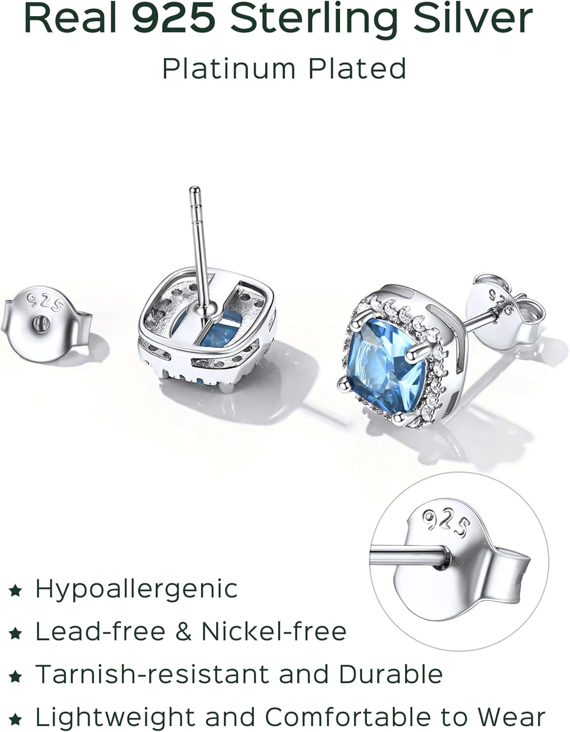 Sterling Silver Square Sparkle Halo Birthstone Gemstone & Cubic Zirconia Stud Earrings 