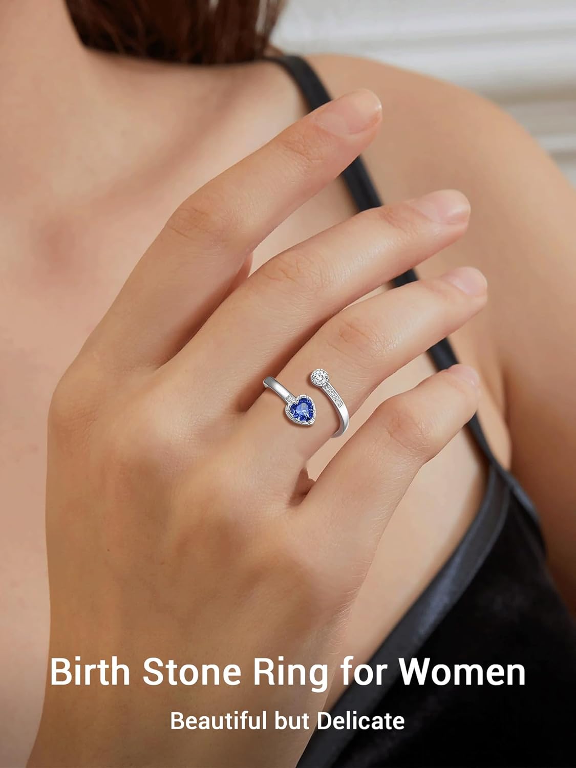 Heart Birthstone and White Cubic Zirconia Adjustable Ring for Women