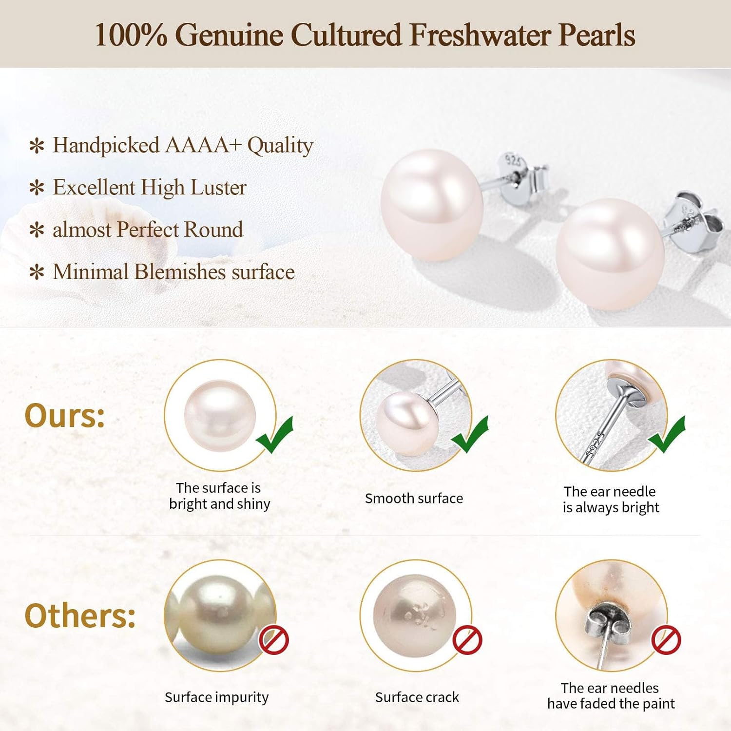 3 Pairs Freshwater Cultured White Button Pearl Stud Earrings, 100% Genuine Cultured Freshwater Pearls
