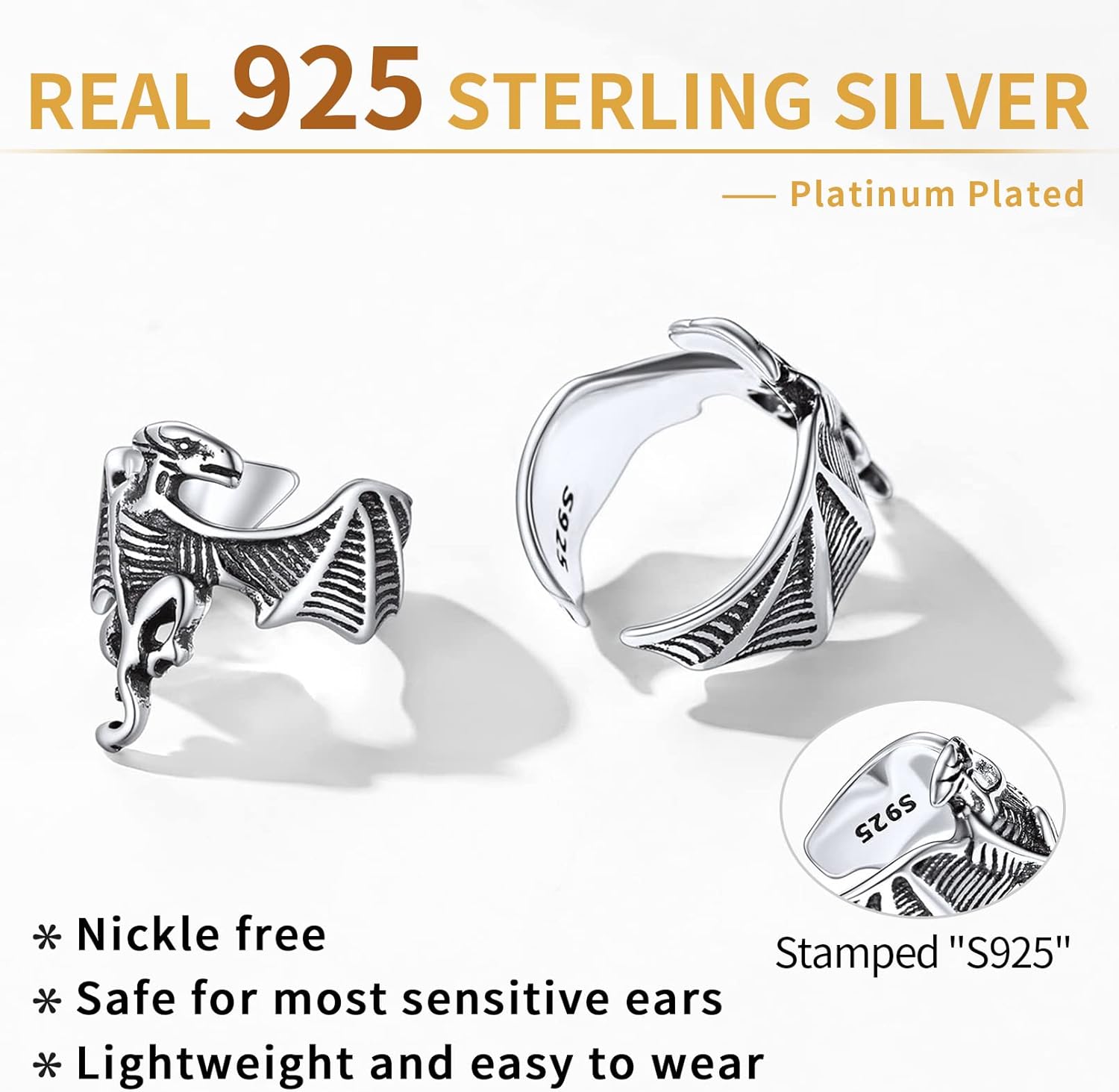 Sterling Silver Dinosaur Non-Piercing Cartilage Cuff Earrings