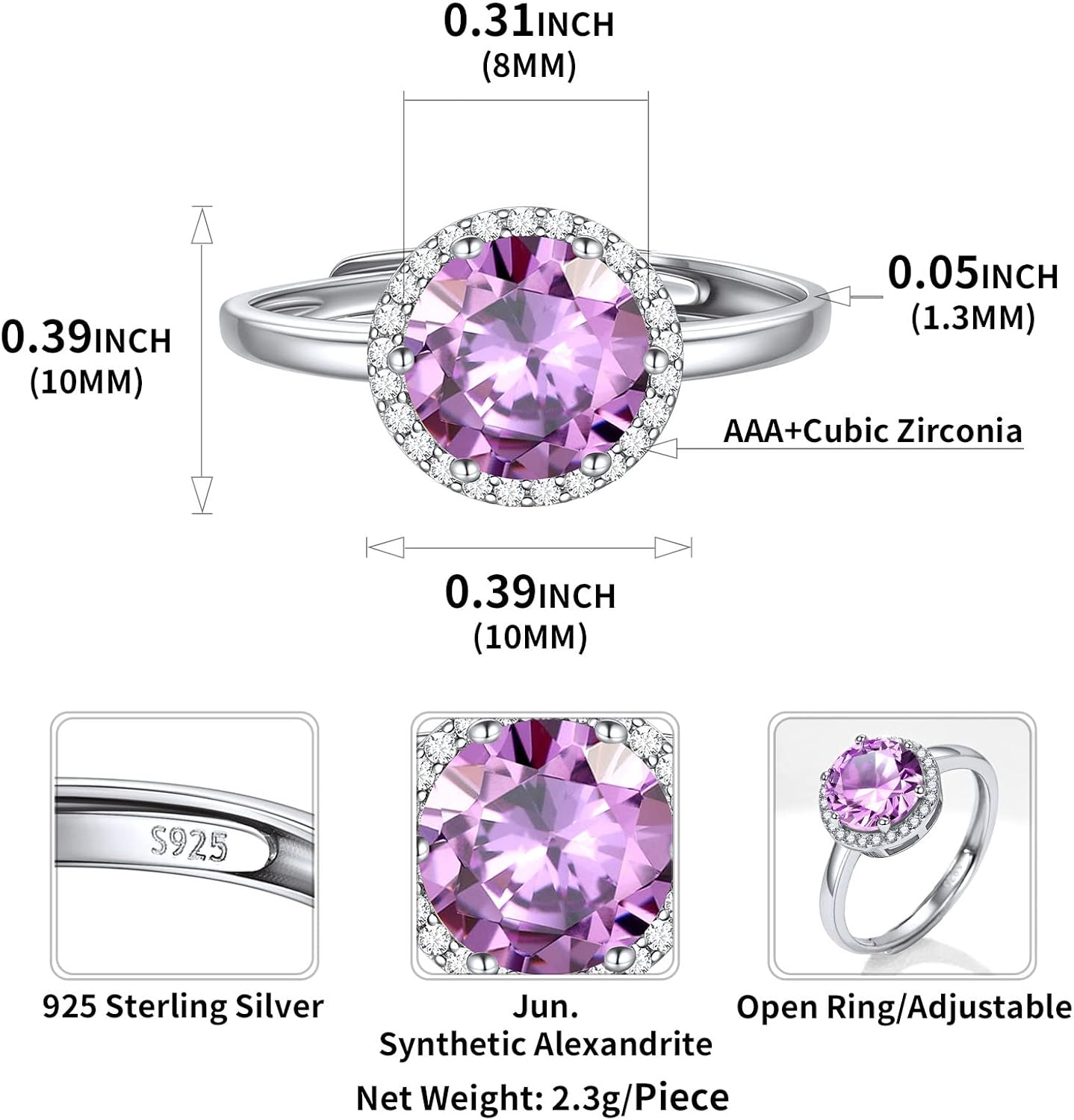 Round Cut Birthstone Promise Ring Details: Dimensions, Hypoallergenic, Adjustable size for 6~11