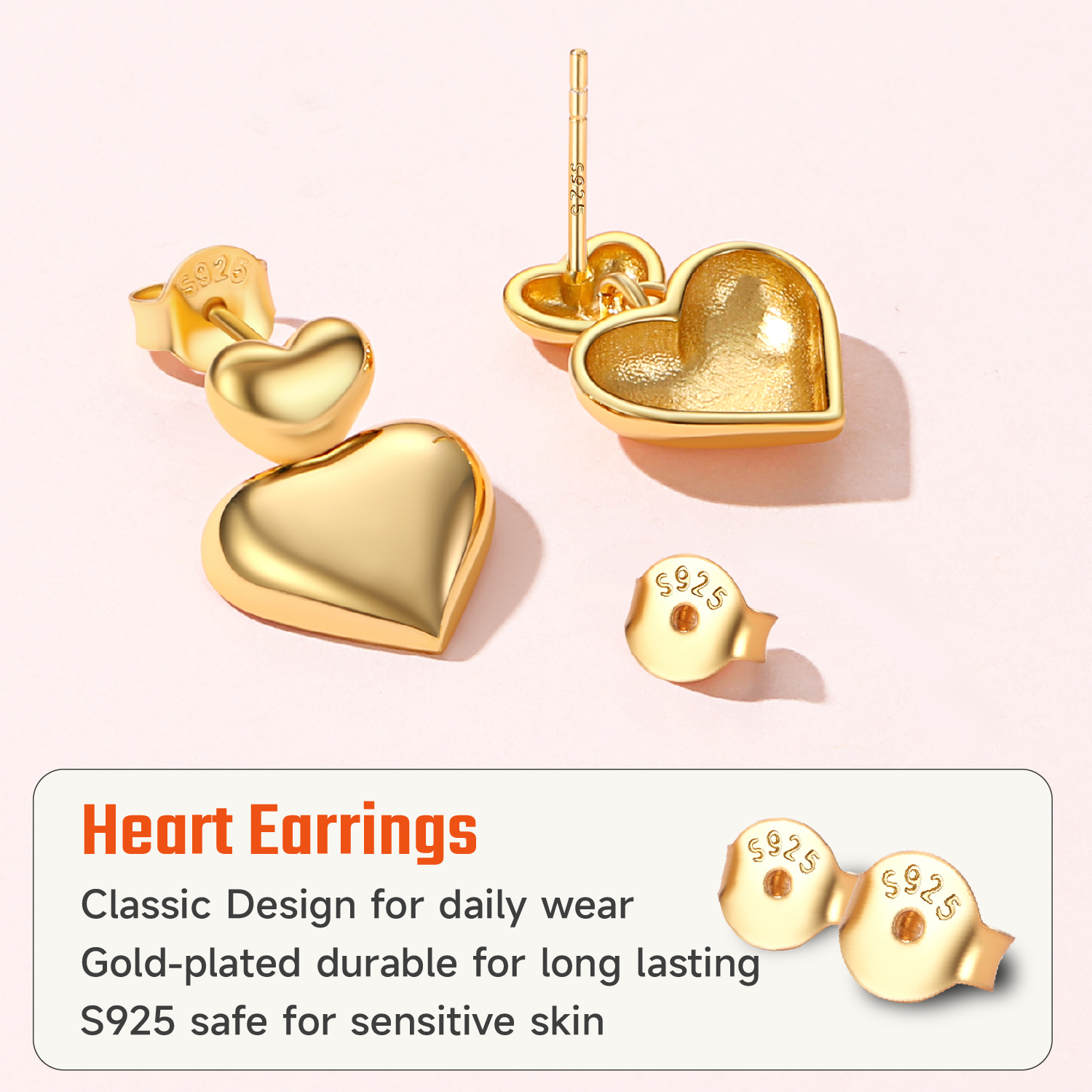 ChicSilver Gold Plated Sterling Silver Two Heart Puffy Dangle Studs Earrings