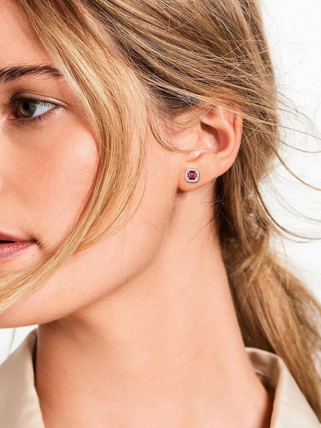 Square Sparkle Halo Birthstone Gemstone & Cubic Zirconia Stud Earrings for Women