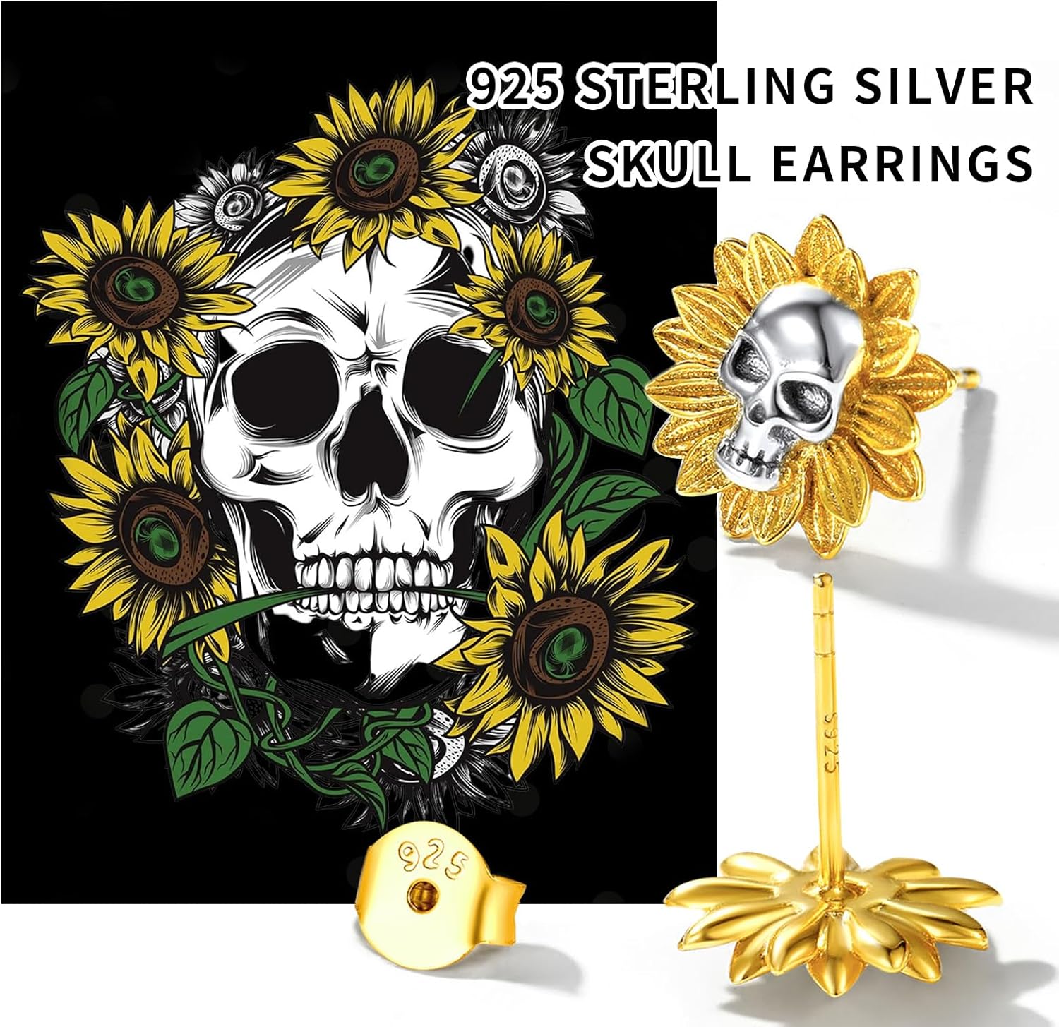 Sterling Silver Sunflower Skull Studs
