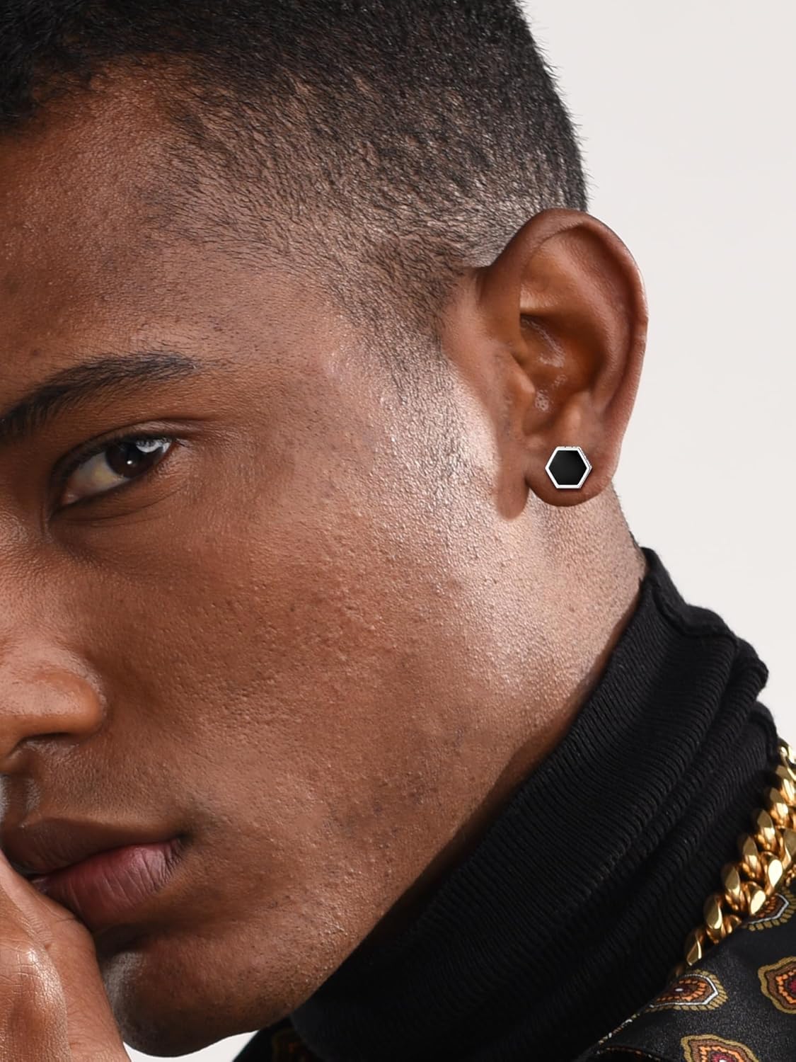 Black Onyx Viking Rune Small Hexagon Studs Earrings for Men