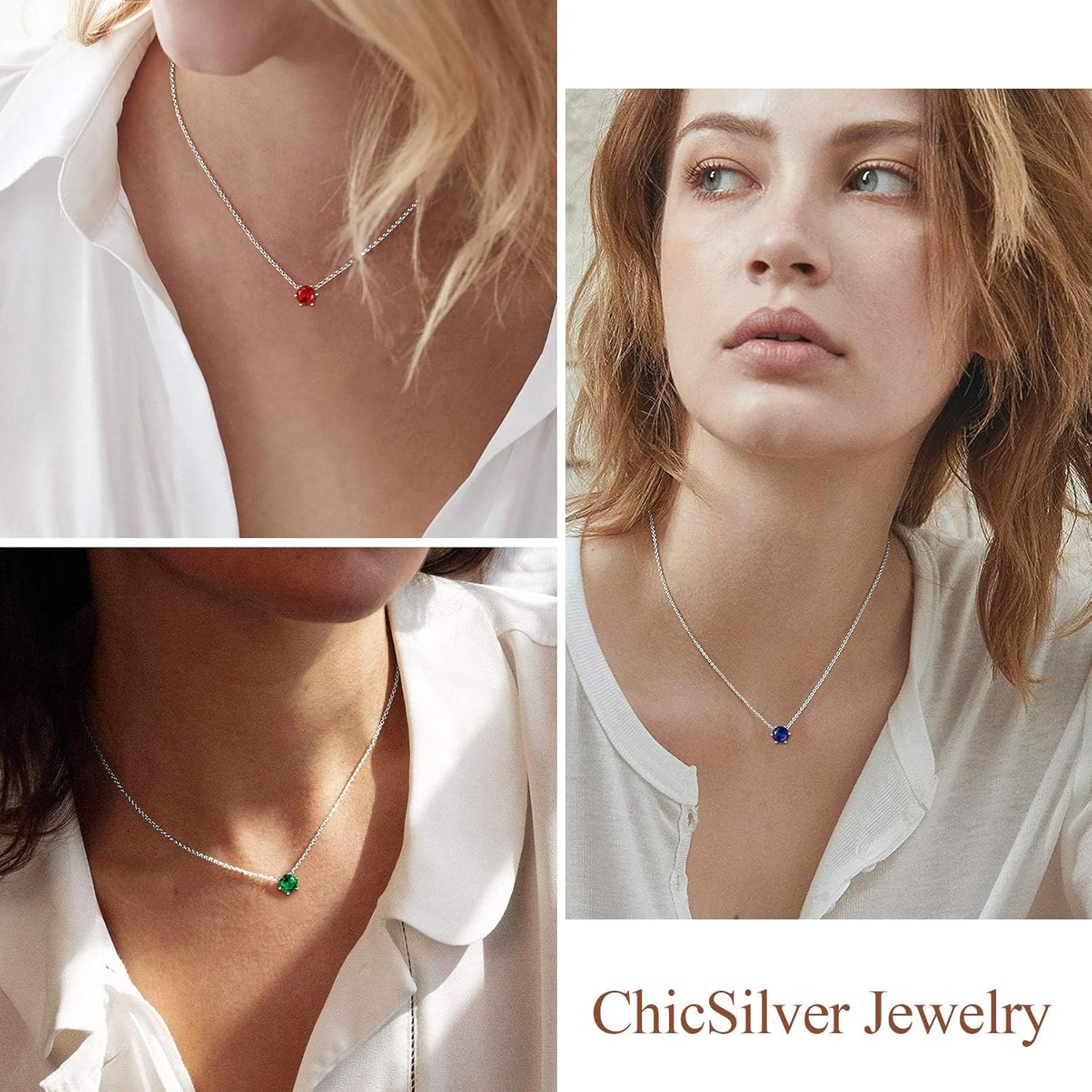 12 Months Sparkling Round Round Cut Created Birthstone Pendant Necklace,birthstone necklace,sterling silver jewlery, gem necklace,  gift idea