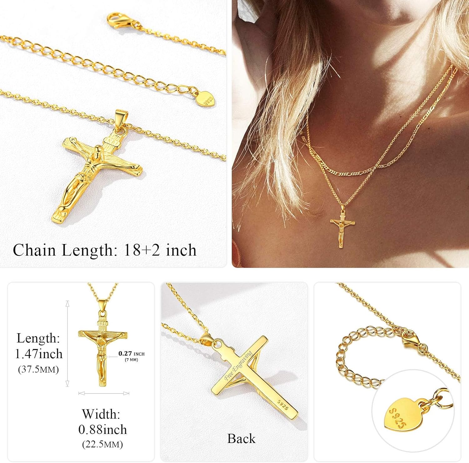 Catholic Jesus Christ on INRI Jesus Cross Pendant Necklace  Details: Dimensions, Hypoallergenic, Lobster-Claw-Clasps