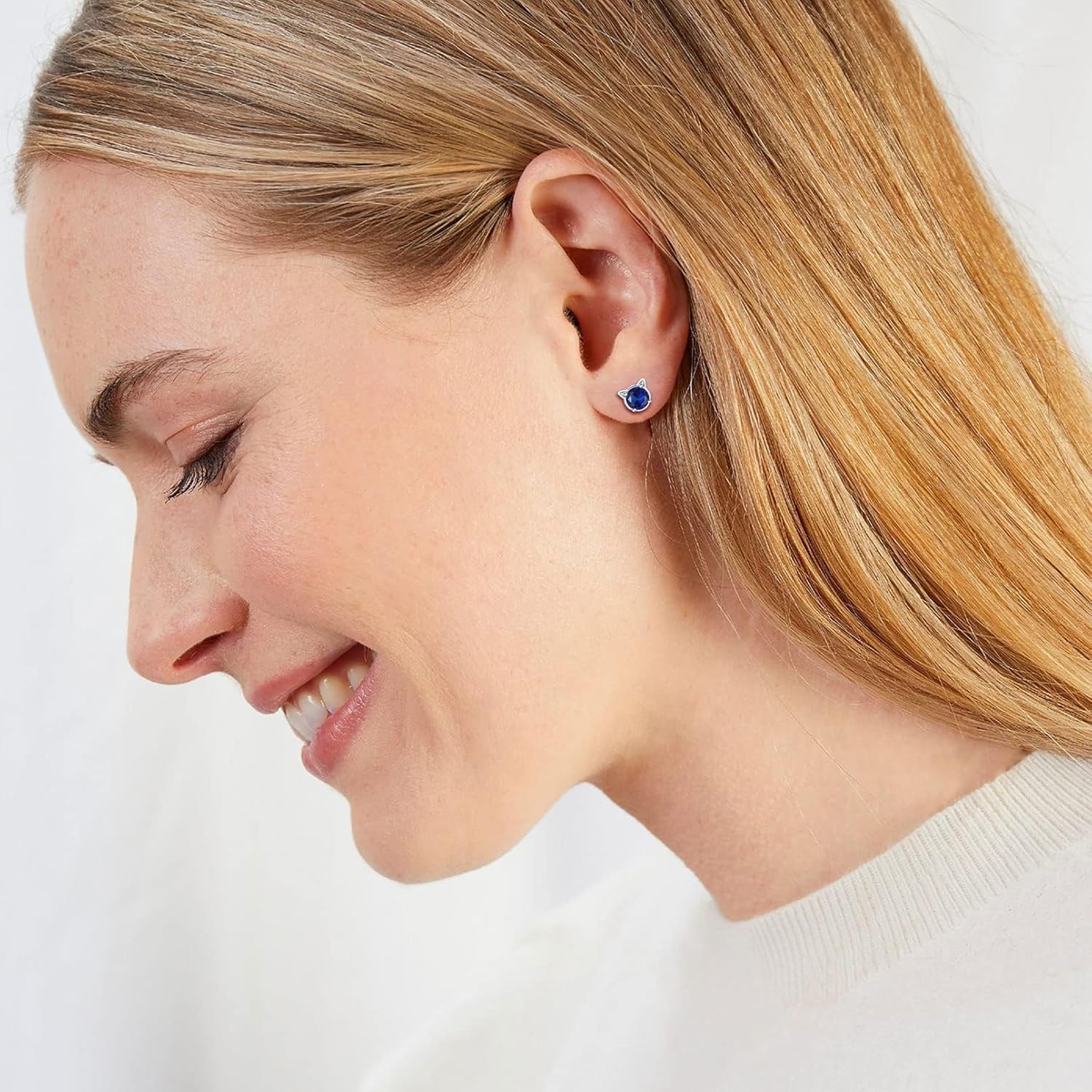 Cute Cat Diamond Birthstone Stud Earrings for women, september birthstone, Sapphire Jewelry, Virgo Birthstone, Libra Birthstone, sterling silver jewelry, gift idea