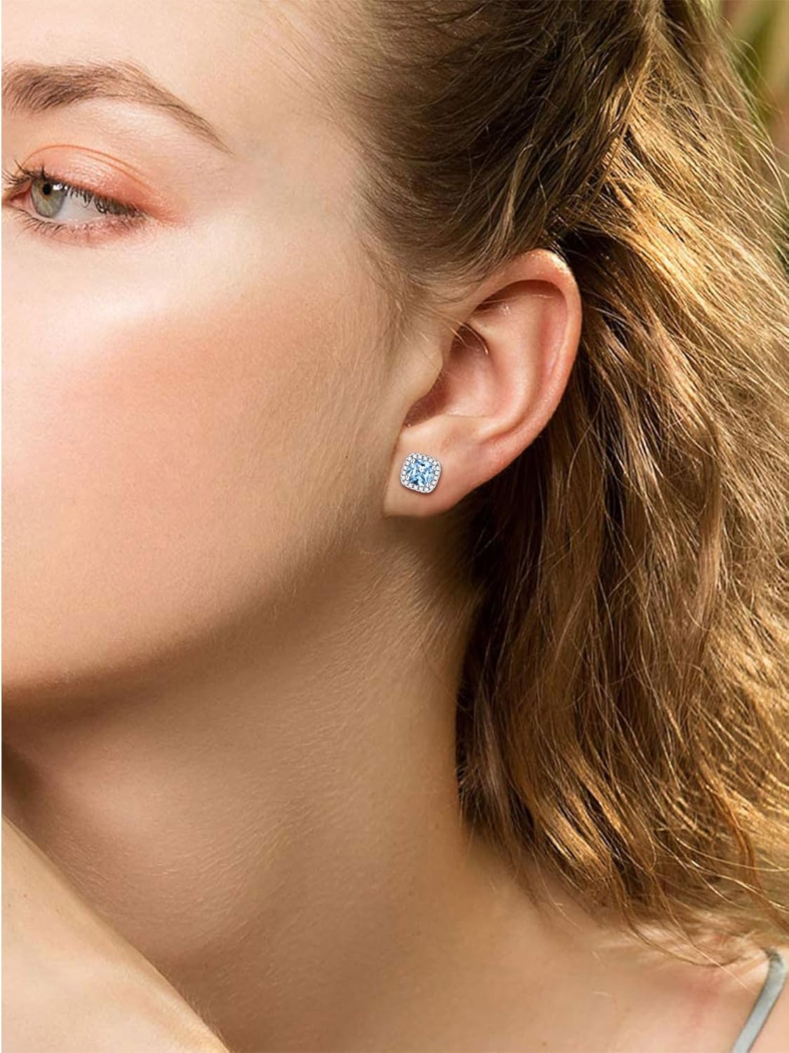 Square Sparkle Halo Birthstone Gemstone & Cubic Zirconia Stud Earrings for Women