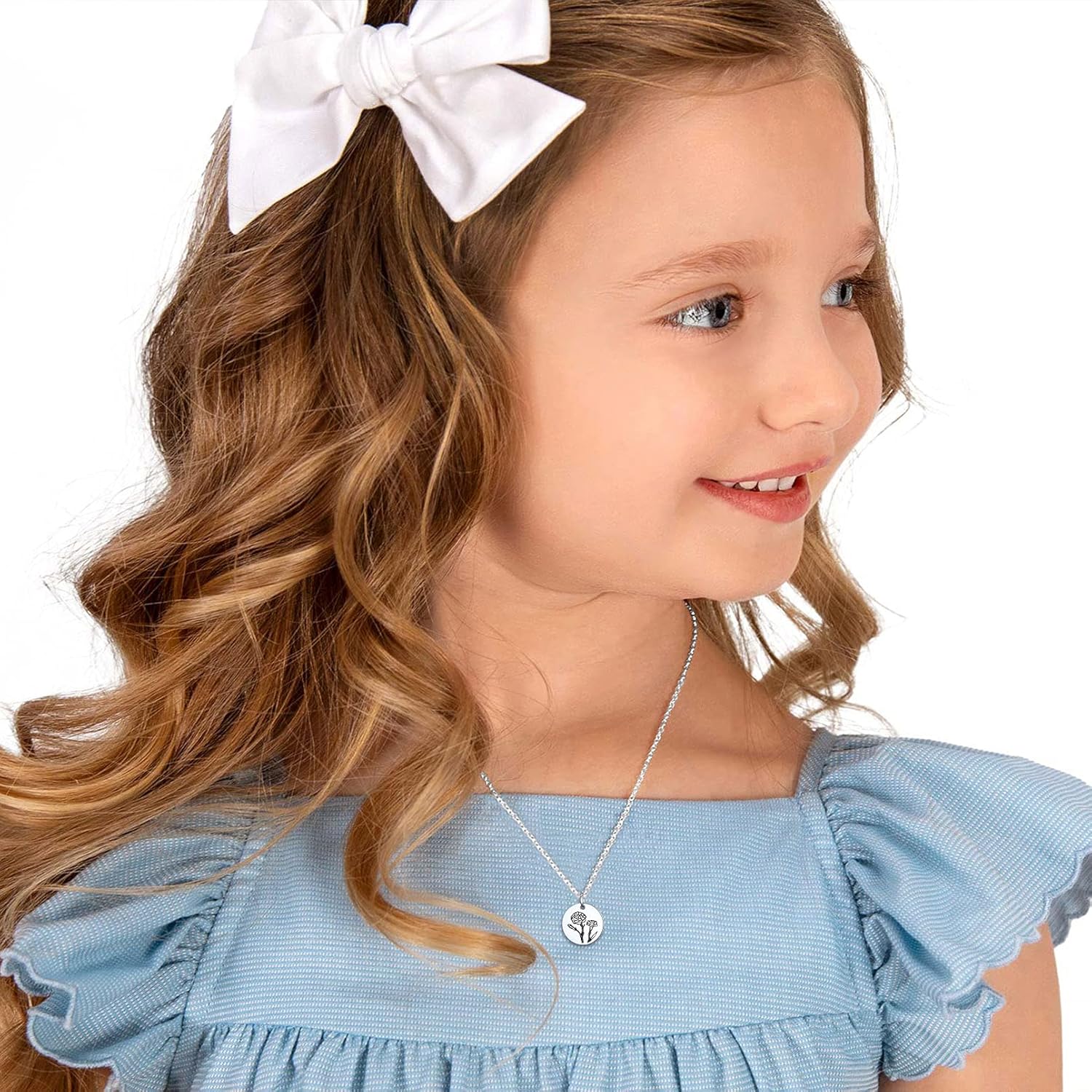 Birth Month Flower Engraved Floral Disc Dainty Necklace for Daughter