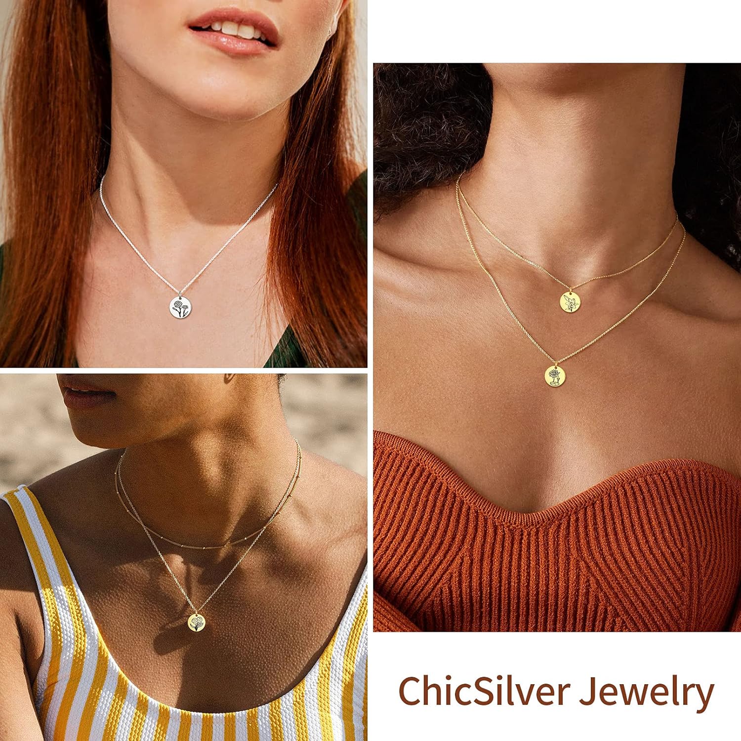 Birth Month Flower Engraved Floral Disc Dainty Necklace for Women