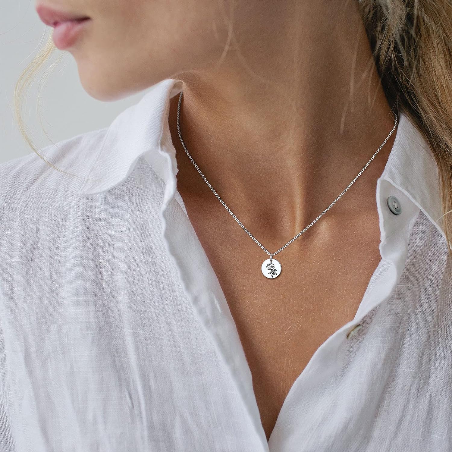 Birth Month Flower Engraved Floral Disc Dainty Necklace for Women