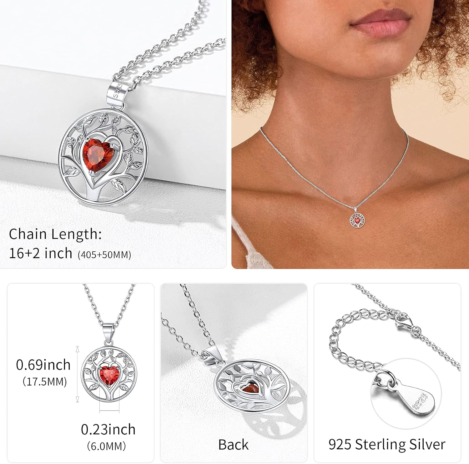 Tree of Life Pendant Necklace Embellished with Heart Shape Birthstone  Details: Dimensions, Hypoallergenic, Lobster-Claw-Clasps