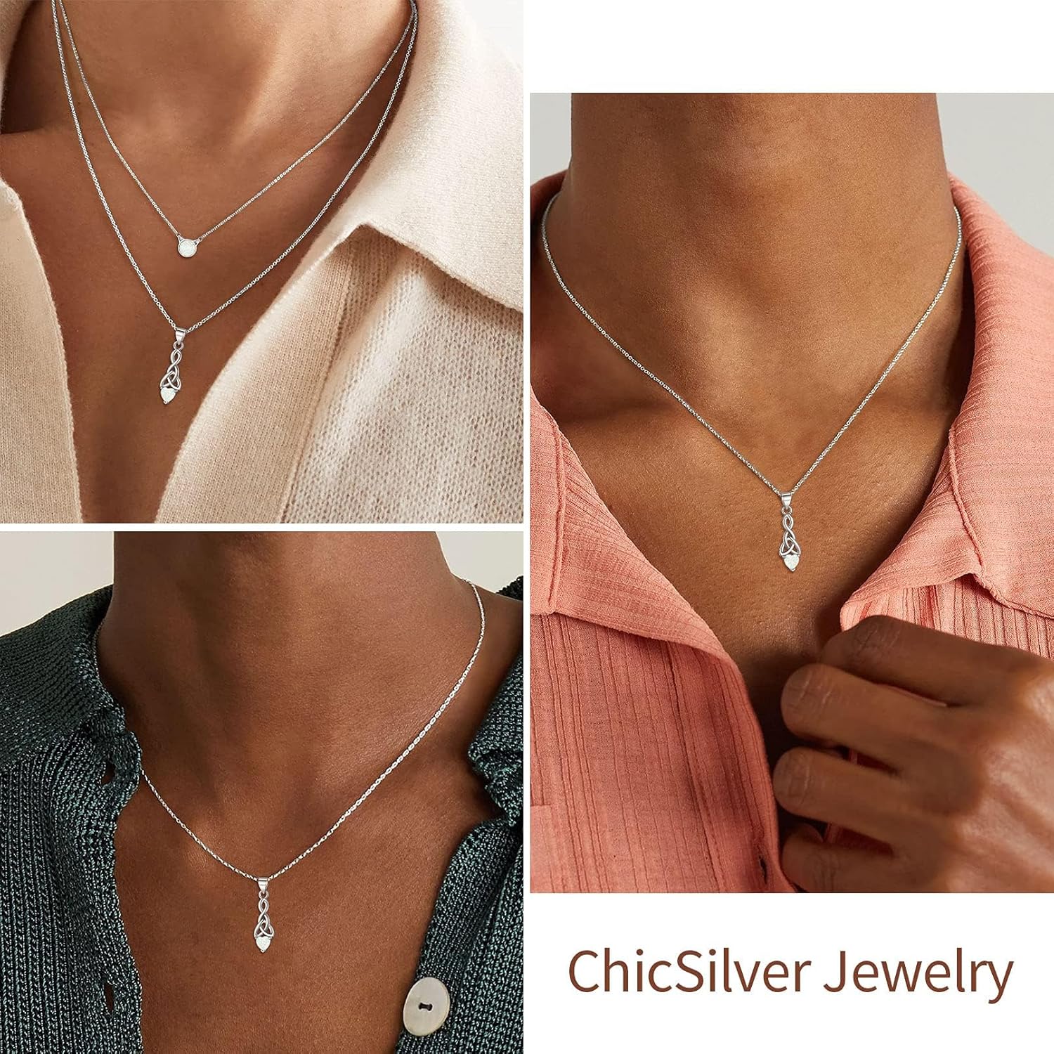 October Opal Sparkling Heart Birthstone Celtic Knot Pendant Necklace 