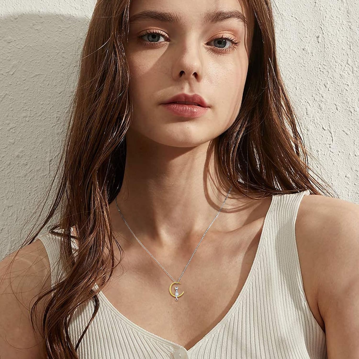Two Tone Crescent Moon Cat Pendant Necklace for Women
