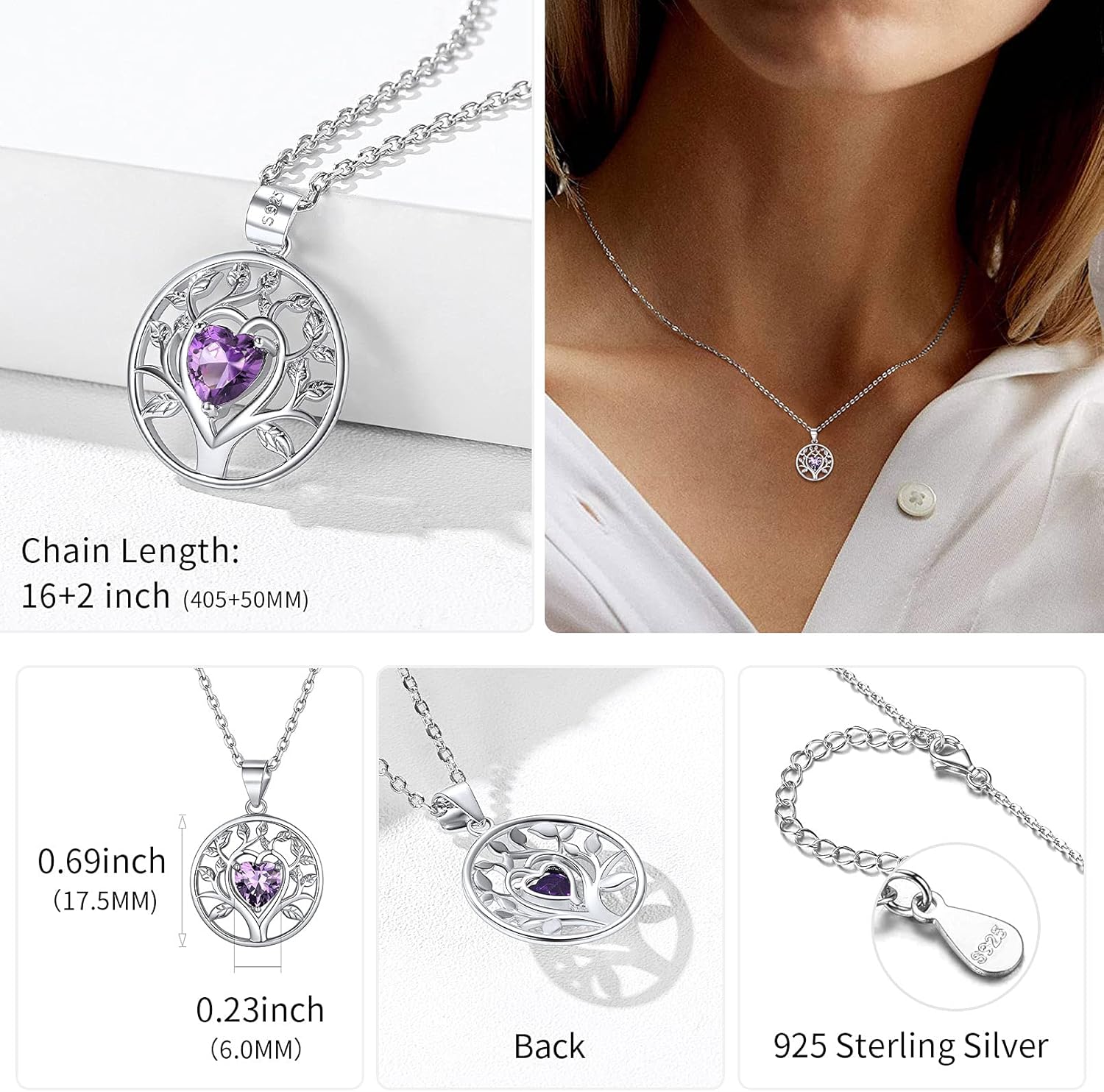 Tree of Life Pendant Necklace Embellished with Heart Shape Birthstone  Details: Dimensions, Hypoallergenic, Lobster-Claw-Clasps