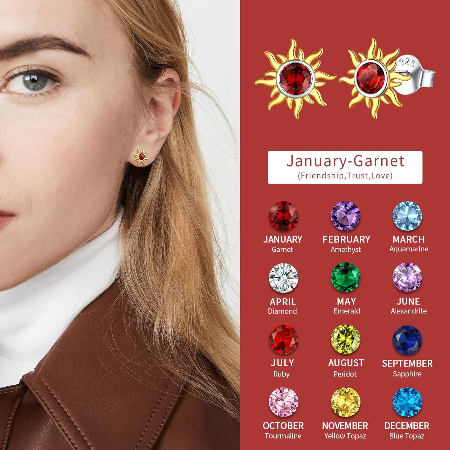 Hypoallergenic Sun Birthstone Earrings for Women, birthstone Earrings, sterling silver jewelry, gem jewelry, sterling silver jewelry, gift idea