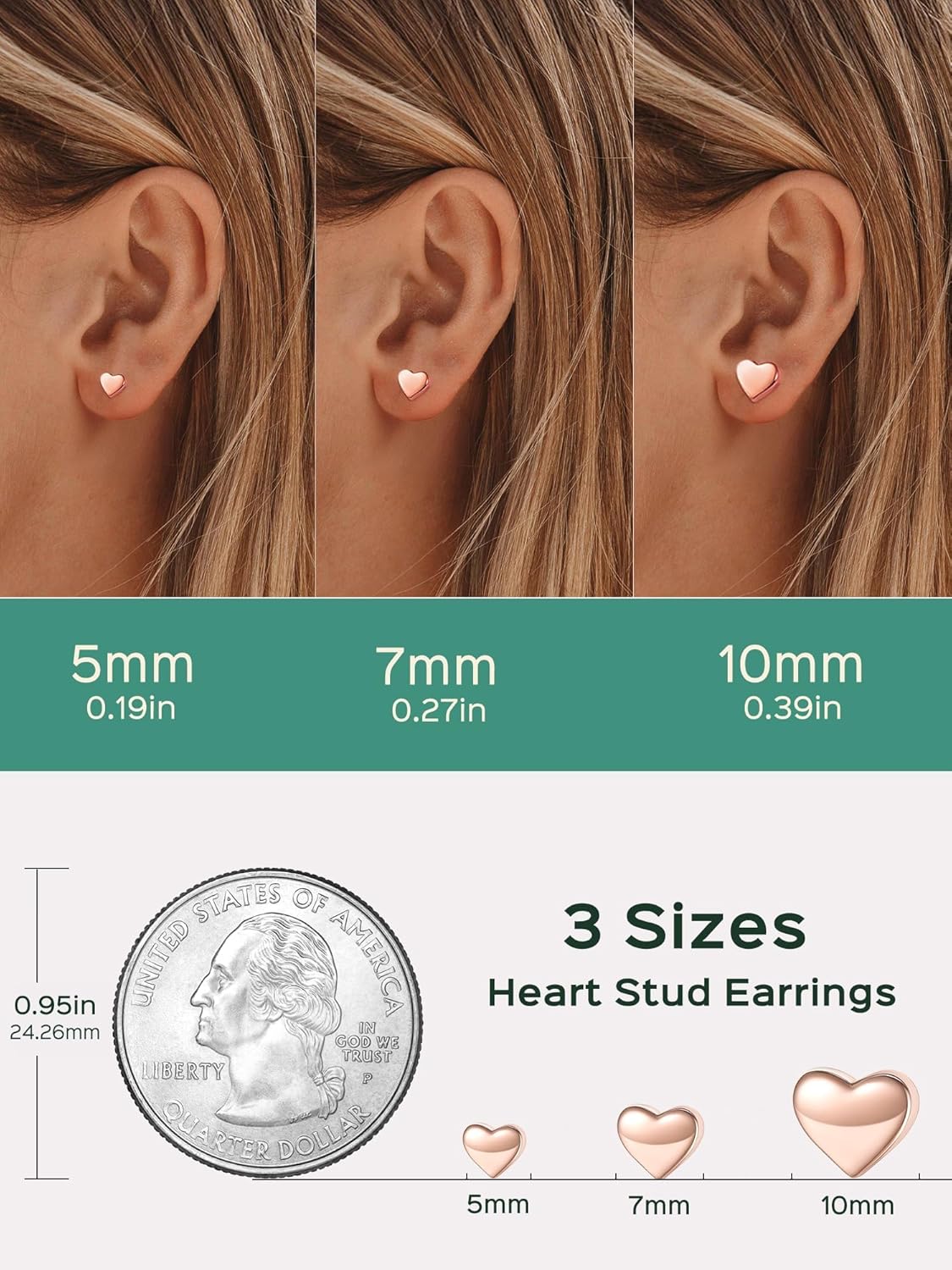 Rose Gold Classic 5mm Heart Stud Earrings for Women and Men, silver jewelry, gift idea, Sterling silver earrings, Size Cart