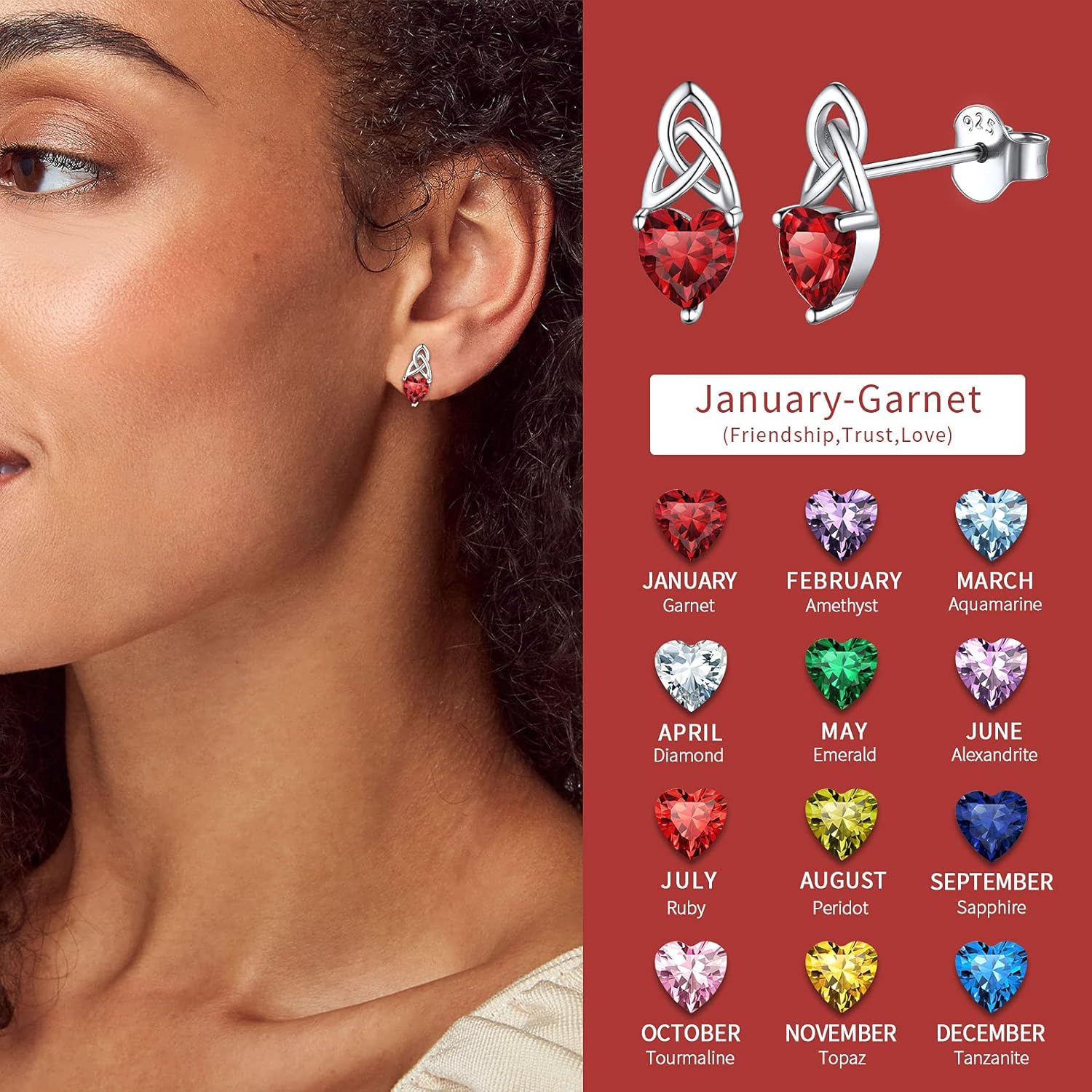 Brilliant Heart Cut Birthstone & Celtic Knot Stud Earrings
