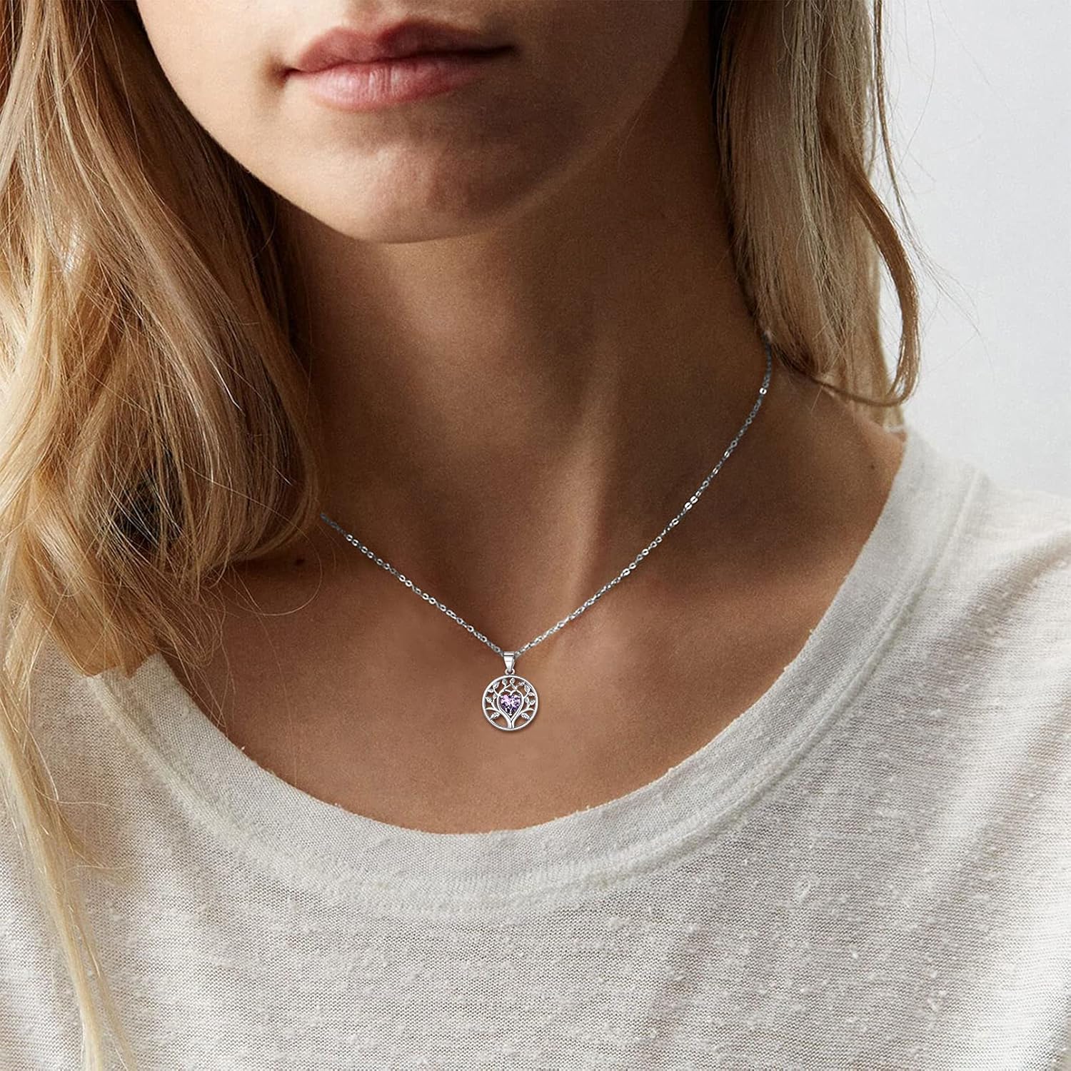 Tree of Life Pendant Necklace Embellished with Heart Shape Birthstone for Women