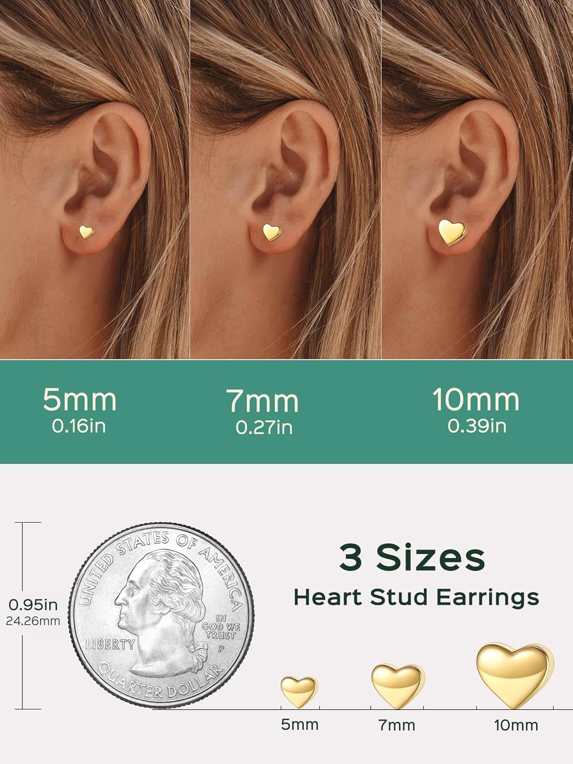 Gold Classic 5mm Heart Stud Earrings for Women and Men, silver jewelry, gift idea, Sterling silver earrings, size cart
