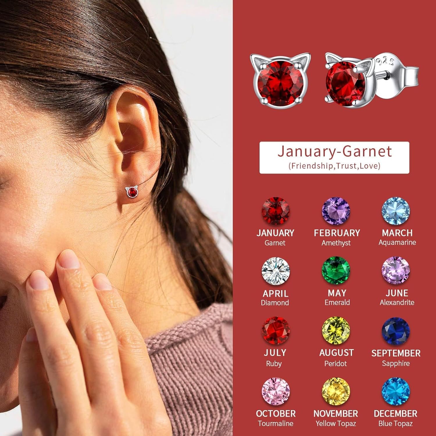 Cute Cat Diamond Birthstone Stud Earrings for women, jan birthstone, Garnet birthstone, Capricorn Birthstone, Aquarius Birthstone, sterling silver jewelry, gift idea