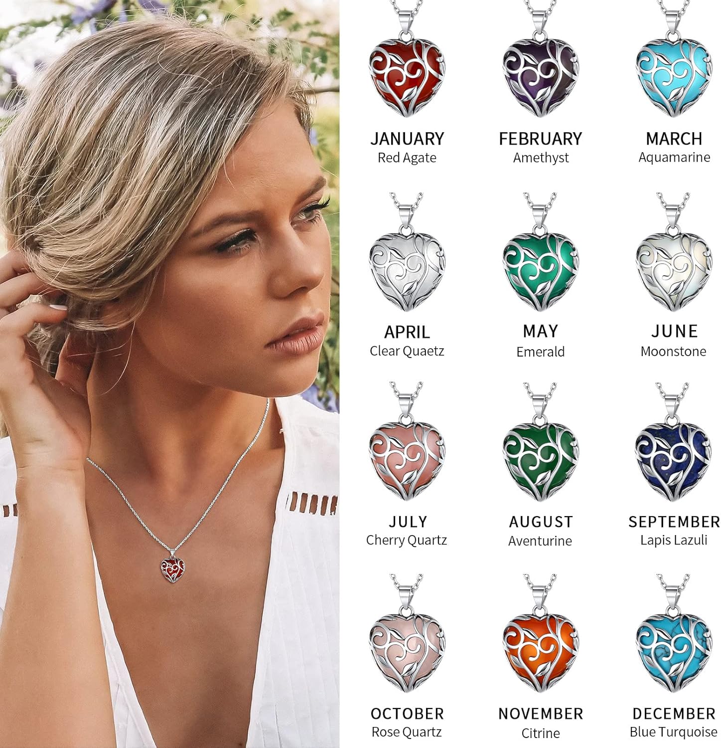 Celtic Knot Heart Birthstones Necklace in Different Month Colors