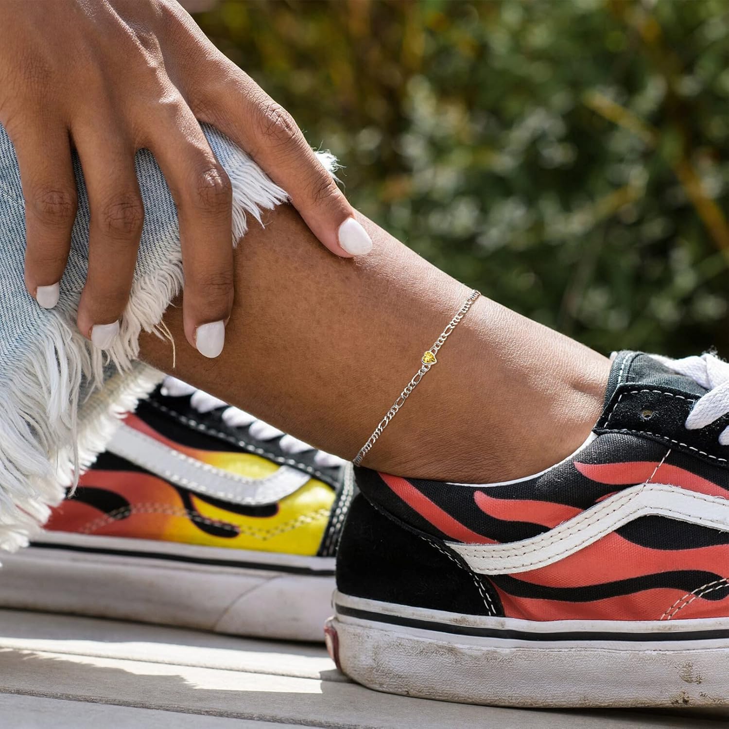 Dainty Heart Birthstone Hypoallergenic Figaro Link Summer Anklets  for Women