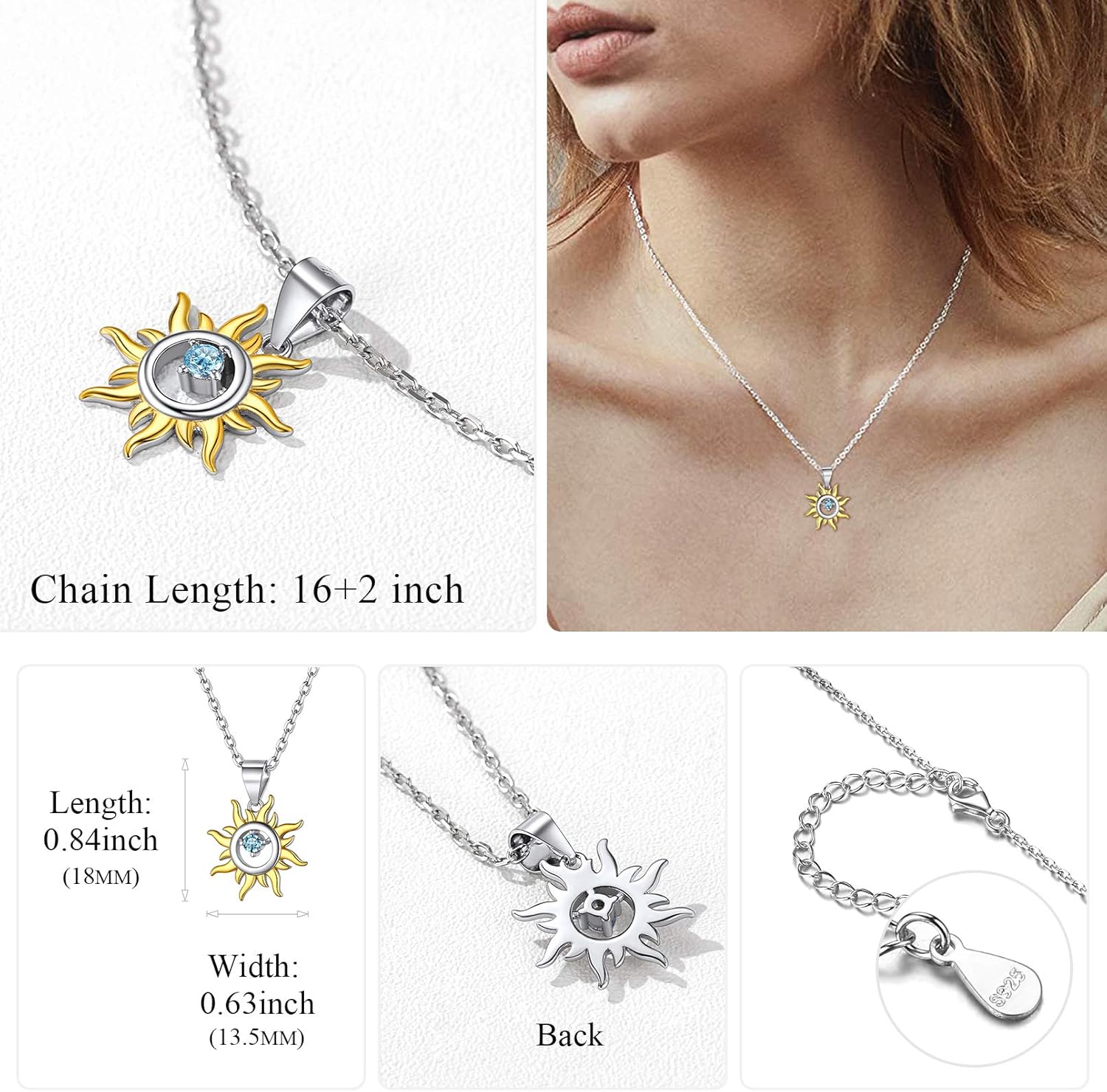 Blue Cubic Zirconia Small Dainty  Sun Necklace Details: Dimensions, Hypoallergenic, Lobster-Claw-Clasps
