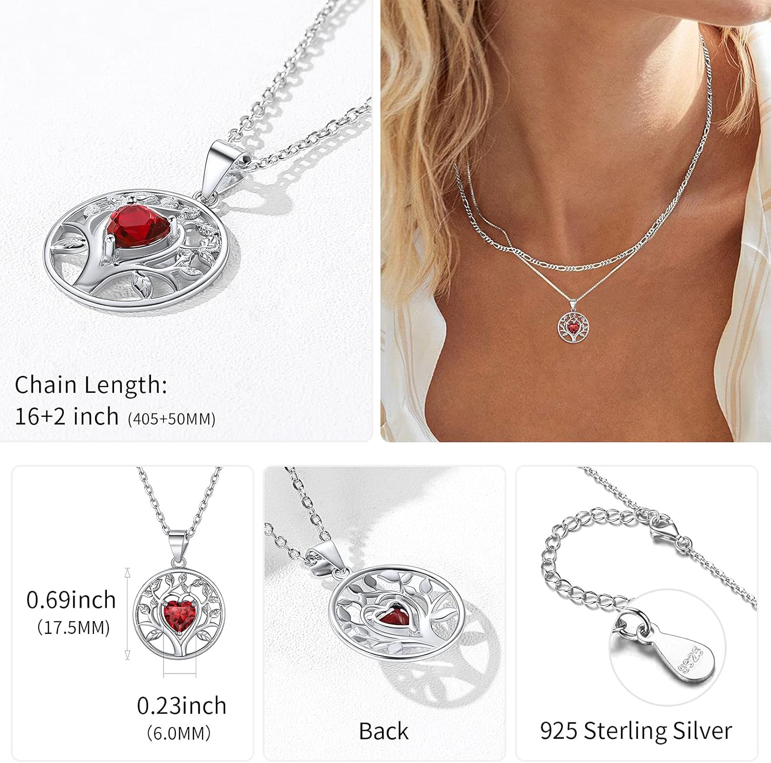 Tree of Life Pendant Necklace Embellished with Heart Shape Birthstone  Details: Dimensions, Hypoallergenic, Lobster-Claw-Clasps