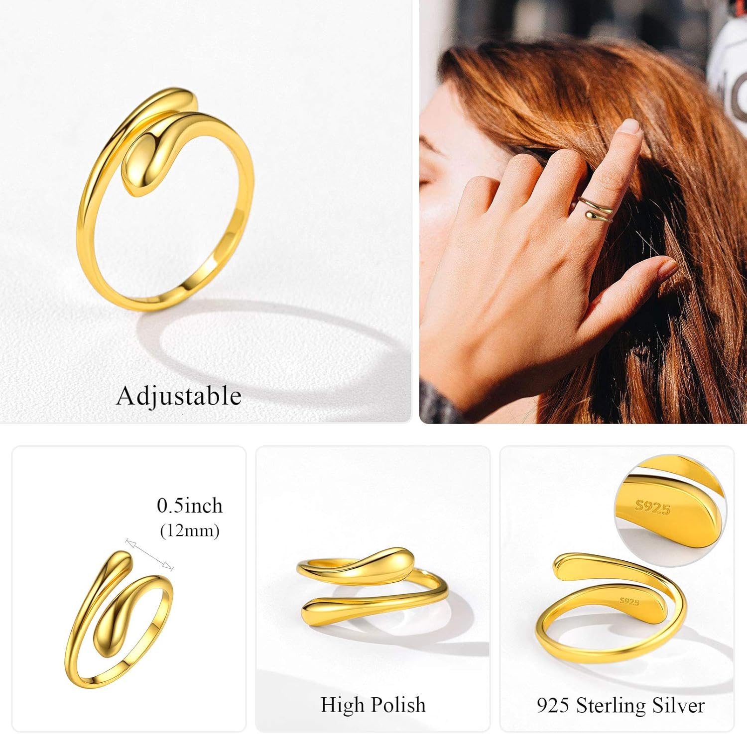 High Polish Minimalist Teardrop Open Adjustable Ring