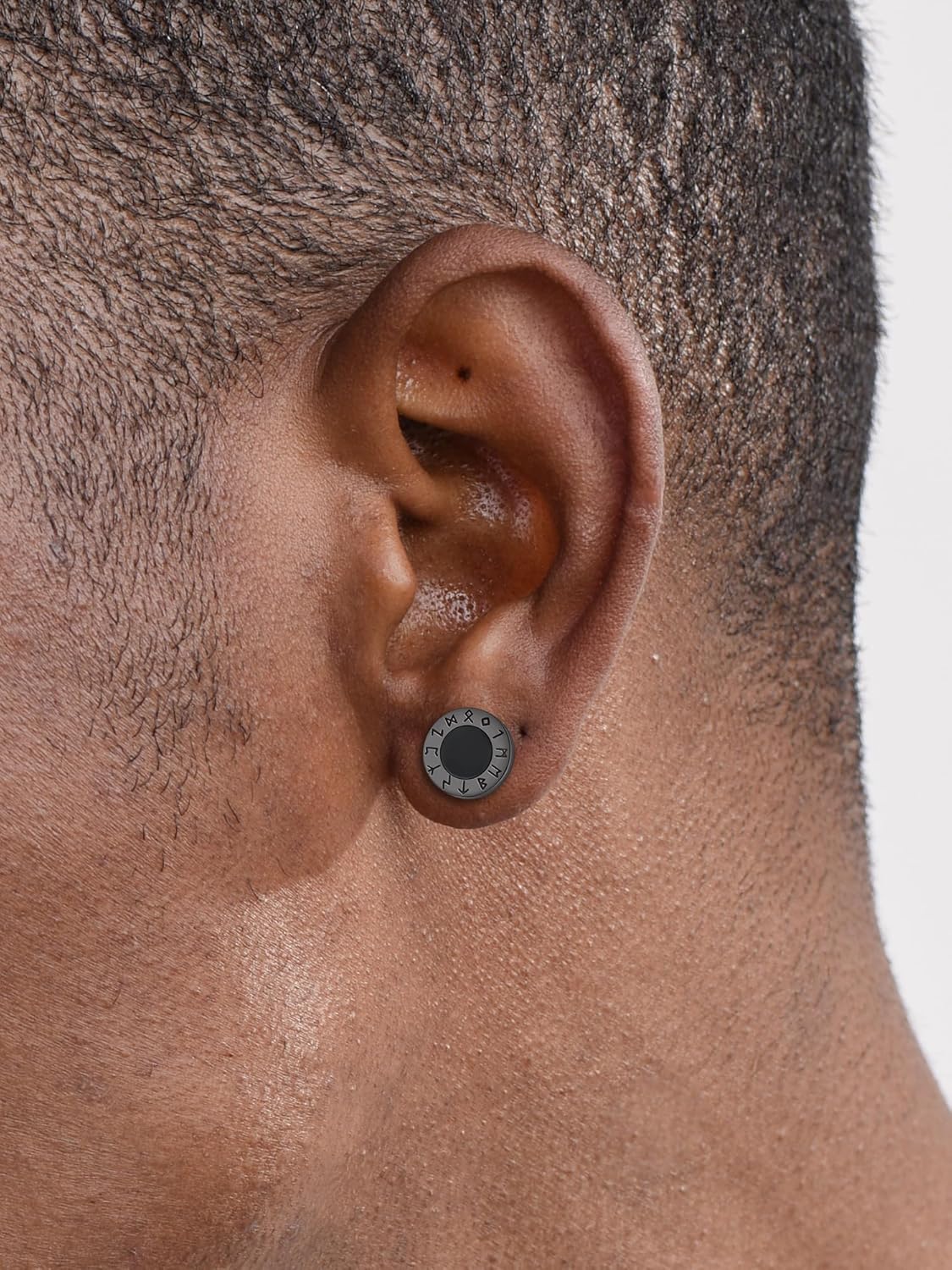 Viking Front Rune Outer Ring Black Onyx Stud Earrings for Men